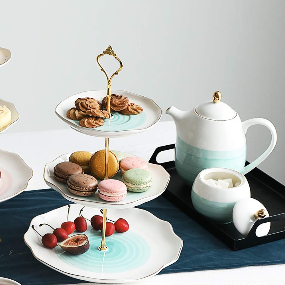 SWEEJAR Elegant Porcelain Tea Set with Hand-Painted Floral Design & 3-Tier Ceramic Cake Stand - Perfect for Afternoon Tea, Bridal Showers, and Elegant Home Decor