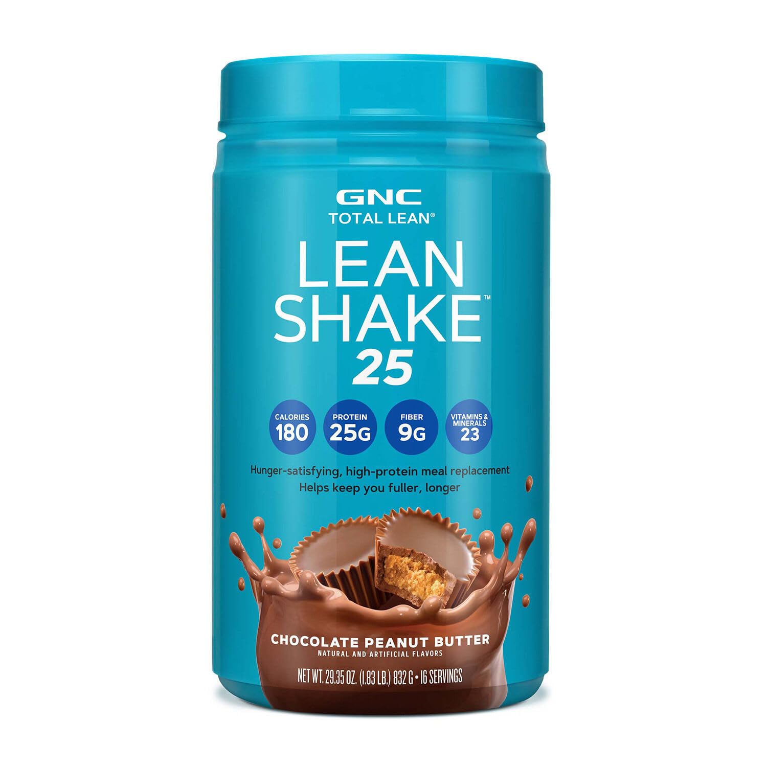 GNC Lean Shake 25 Meal Replacement Powder - Chocolate Peanut Butter Flavor, 25g Protein, High Fiber, Keto Friendly, Weight Management Shake, 16 Servings (Perfect for Post-Workout Recovery & Busy Lifestyle Meal Replacement)