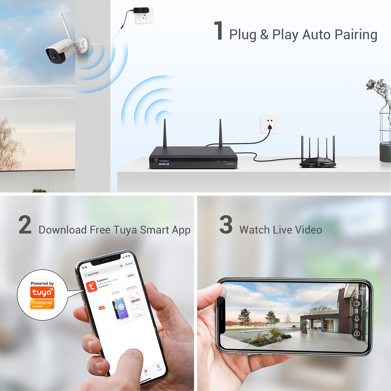 TIGERSECU 1080P WiFi NVR Security Camera System with 1TB HDD - 4 Channel NVR Recorder, Weatherproof Outdoor Security Cameras, 2-Way Audio, AI Human Detection & Siren Alarm - for Home, Business & Office Surveillance