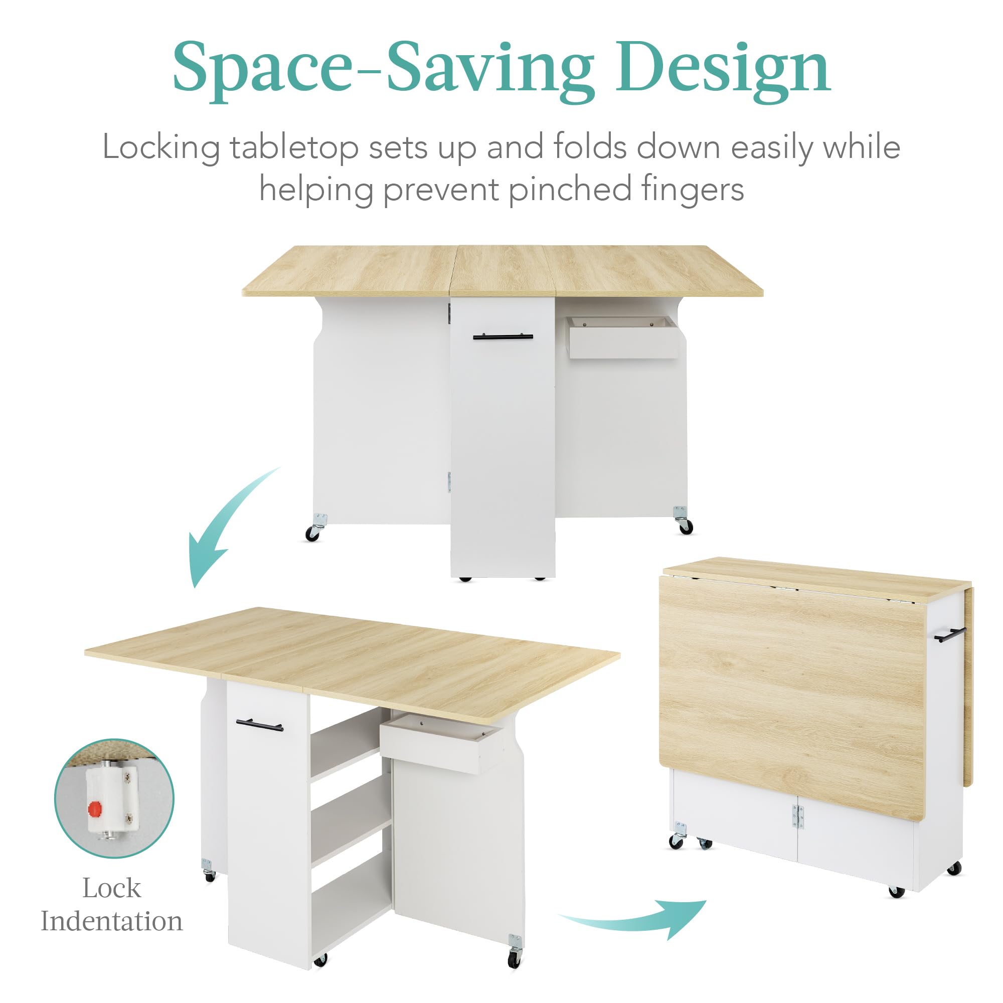Best Choice Products Folding Dining Table - Space Saving Drop Leaf Extension Desk with Wheels & 3 Storage Shelves, Oak/White - Perfect for Small Apartments, Kitchen Nooks, and Home Offices