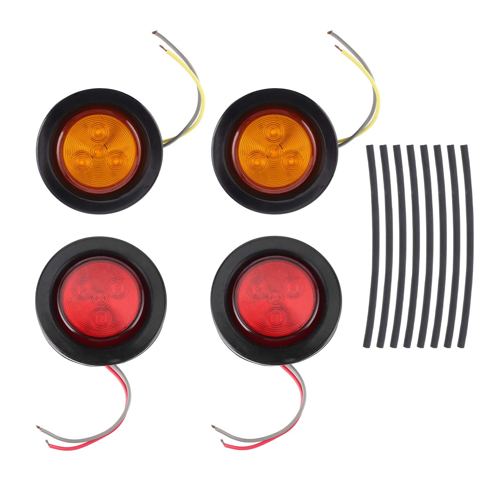 4pcs 2 Inch Round LED Side Marker Lights - Red & Yellow Lens with Heat-Shrink Tubes for Trailer Trucks - Waterproof, Durable Turn Signal Lights for Semi Trailers, Boats & RVs (Day & Night Safety Use)