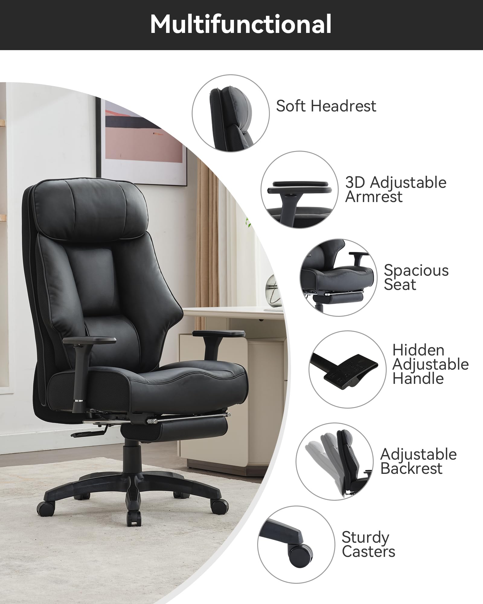 Heavy Duty Big and Tall Office Chair 400lbs - Executive Ergonomic High Back Chair with Footrest & Lumbar Support - Oversized Leather Office Chair for Heavy People - Black - Perfect for Home Office, Gaming, and Workspaces