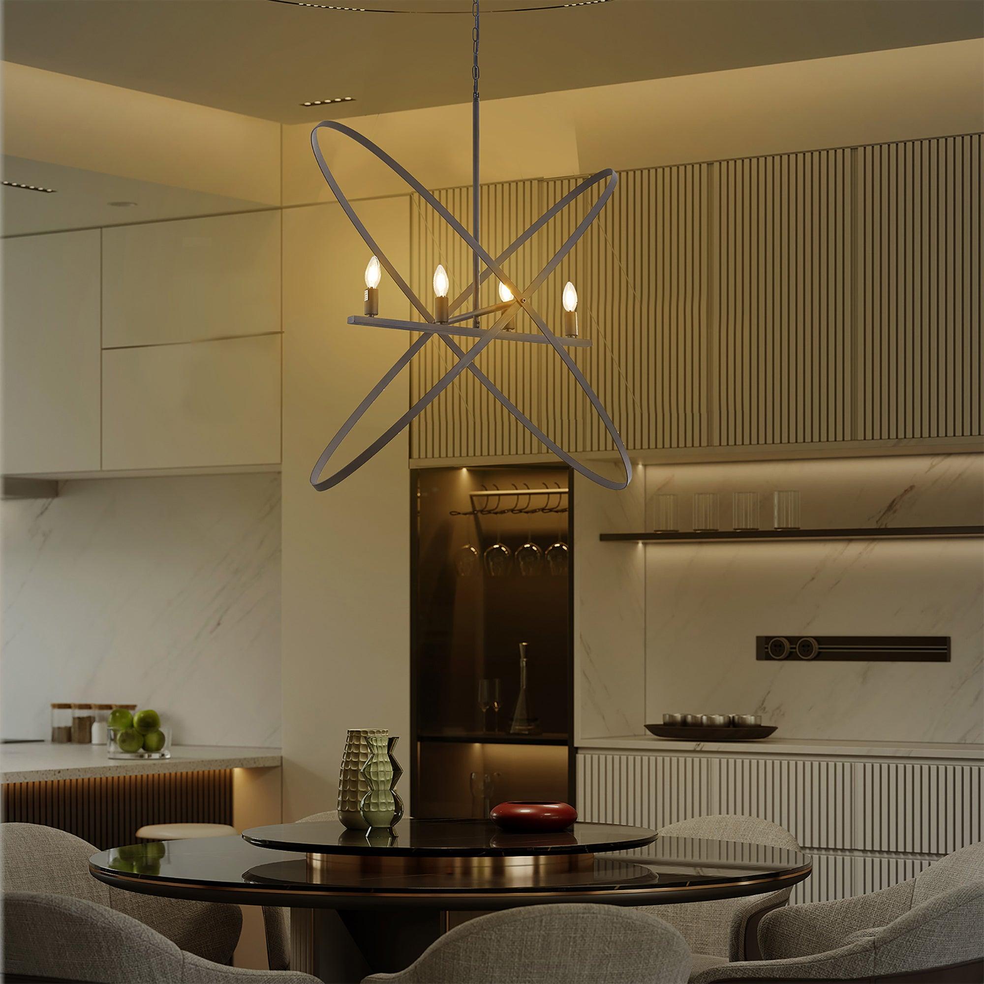29L x 15W x 37.5H 4-LED Matte Black Atom Brass Metal Pendant Light - Modern Industrial Ceiling Fixture for Dining Room, Kitchen Island & Living Room
