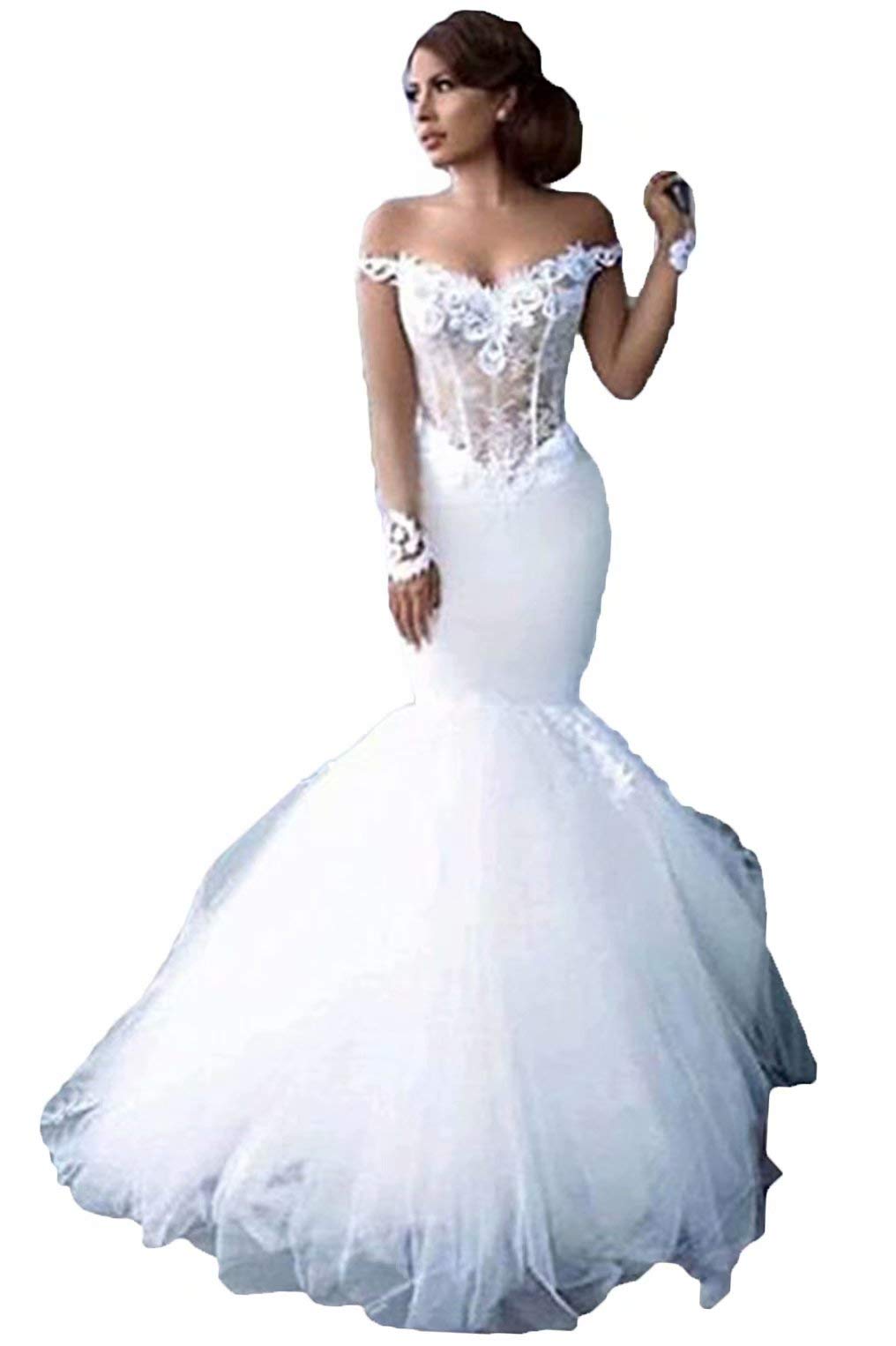 Elegant Off-The-Shoulder Mermaid Wedding Dress with Long Sleeves & Tulle Ball Gown for Bride - Perfect for Beach, Church, and Formal Wedding Ceremonies
