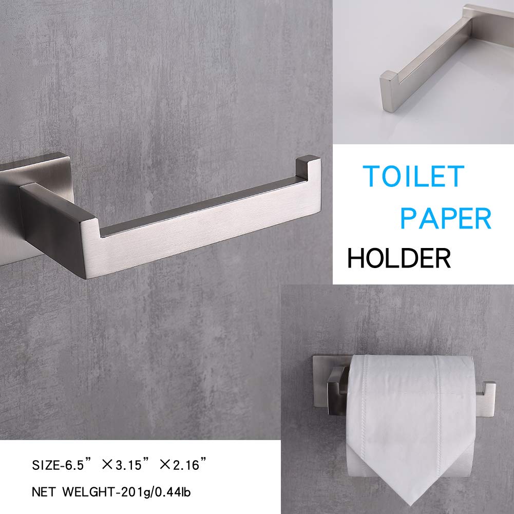 TASTOS 3-Piece Brushed Nickel Bathroom Hardware Set - Premium Stainless Steel Wall Mounted Robe Hook, Toilet Paper Holder & 16-Inch Towel Bar (Silver) - Perfect for Modern Bathrooms, Powder Rooms & Spa-Style Decor