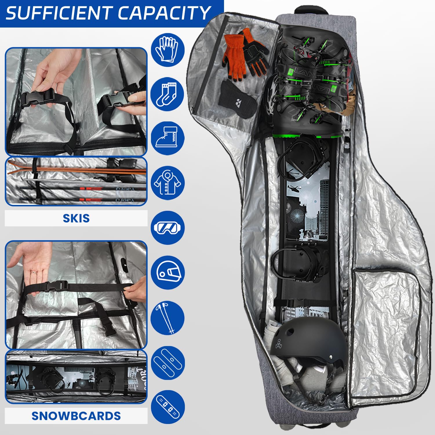 Heavy Duty Padded Ski Bag with Wheels for Air Travel - Waterproof Double Rolling Snowboard Bag for Ski & Snowboard Gear Storage & Transportation | Perfect for Winter Sports Travel & Equipment Protection