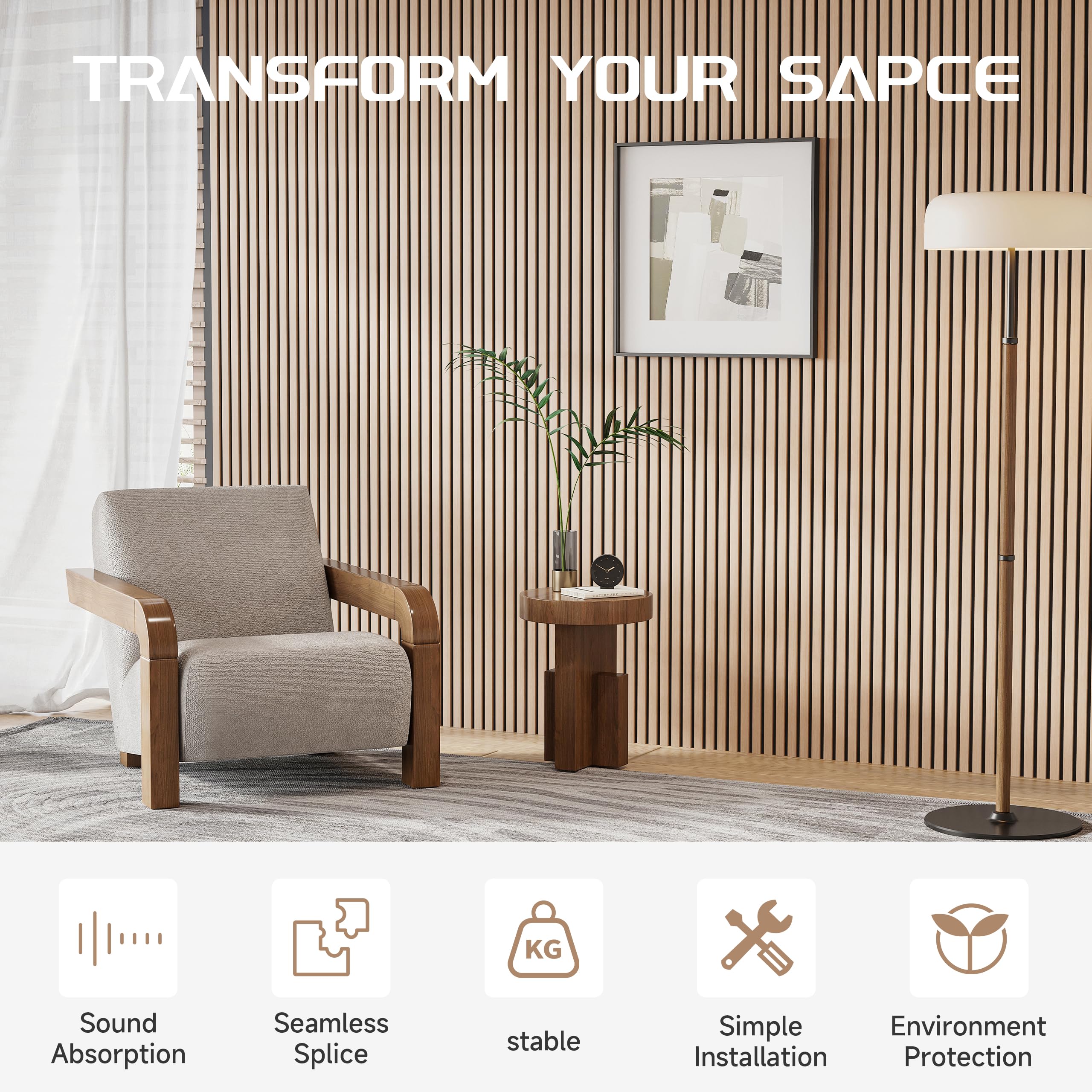 2 Pack Oak Wood Slat Wall Panels - 8x1 ft Decorative Acoustic Wood Panels with Felt Backing for Modern Interior Wall Decor | Bedroom, Living Room, Office & Commercial Space Soundproofing