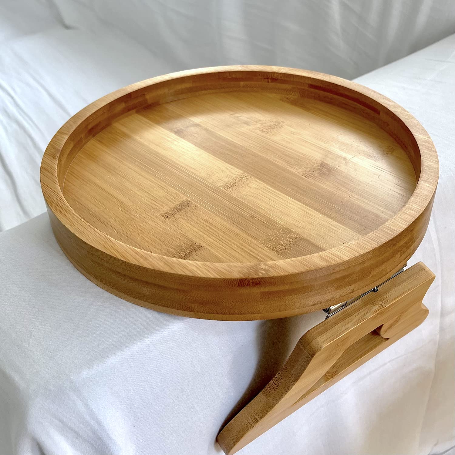 Natural Bamboo Clip-On Side Table - Round Sofa Armrest Tray for Remote, Phone, Drinks & Snacks | Perfect for Living Room, Bedroom & Small Spaces
