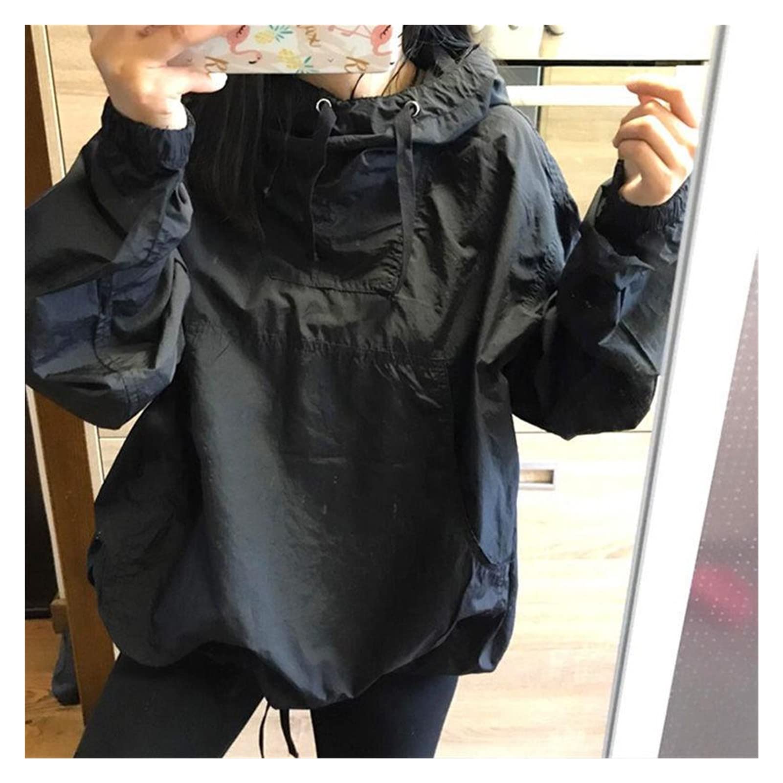 Women's Black Loose Hooded Sportswear Top - XXL Size | Casual Streetwear for Spring & Autumn | Perfect for Workouts, Running, and Everyday Wear