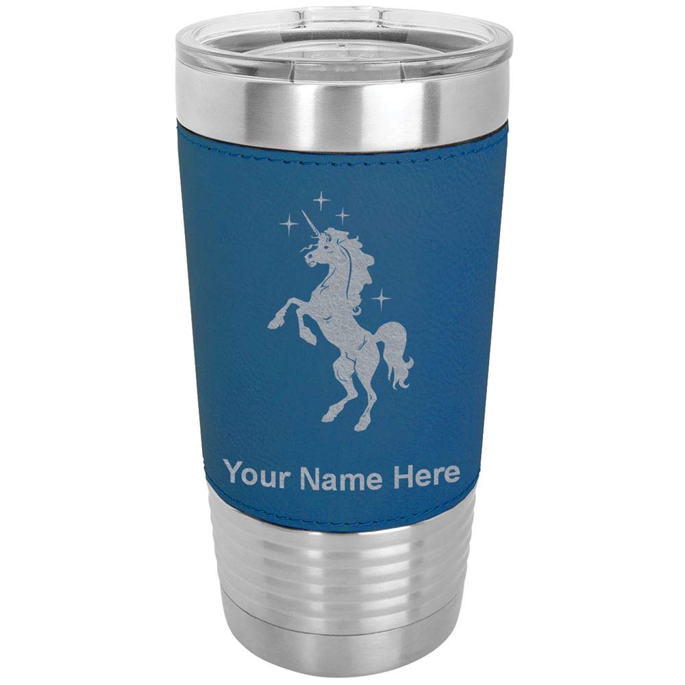 LaserGram 20oz Vacuum Insulated Stainless Steel Tumbler Mug with Leakproof Lid - Custom Engraved Unicorn Design, Faux Leather Base in Blue - Perfect for Coffee, Tea & Cold Drinks at Home, Office or Travel