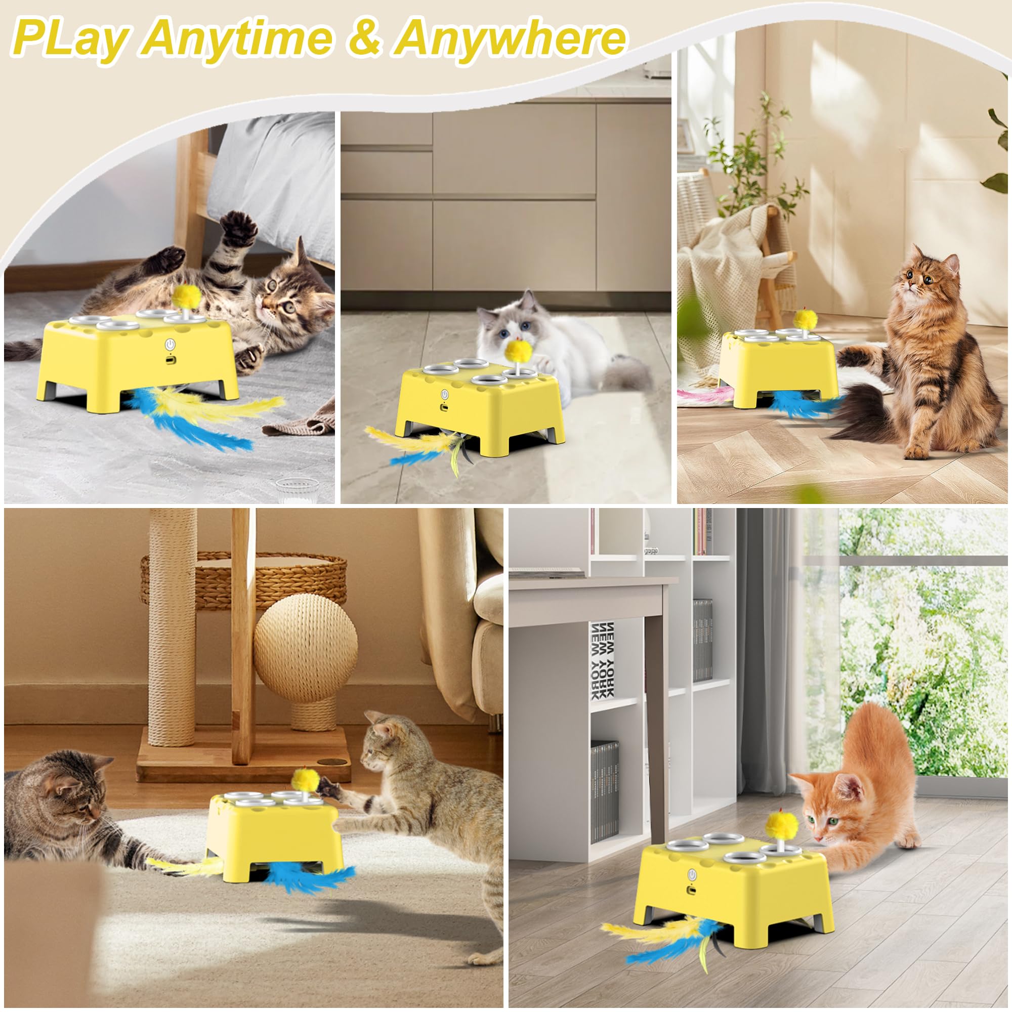 Interactive Cat Toys - 2-in-1 Automatic Cat Toy with Moving Feather & 4 Holes Mice Whack A Mole Game | USB Rechargeable Electronic Kitten Toys for Indoor Play & Exercise | Fun Yellow Cat Toy for Kittens & Adult Cats