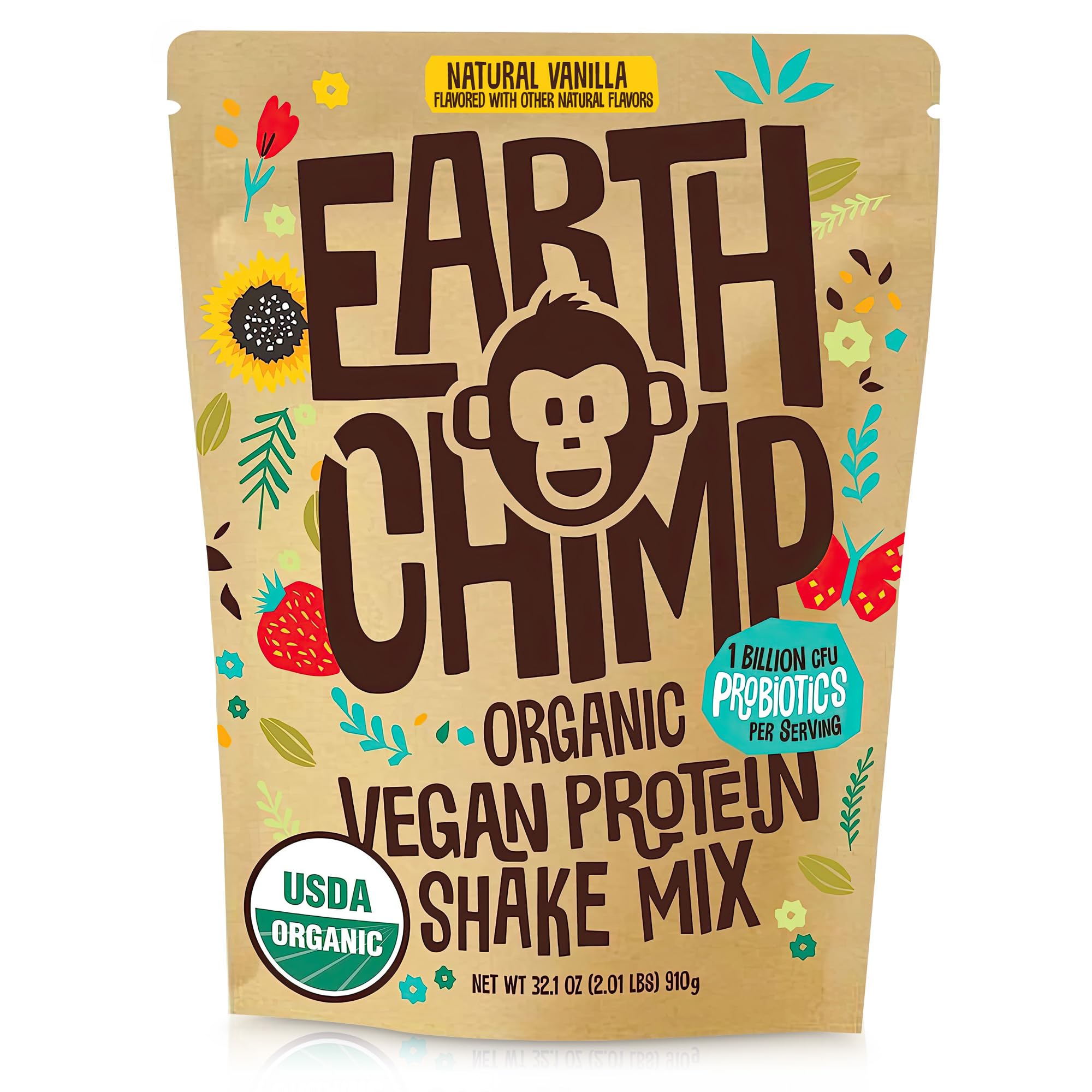 EarthChimp Organic Vegan Protein Powder with Probiotics - Non-GMO, Dairy-Free, Plant-Based Protein for Men & Women - Gluten-Free, Whey-Free - 26 Servings, 32oz Vanilla - Perfect for Post-Workout Recovery & Smoothies