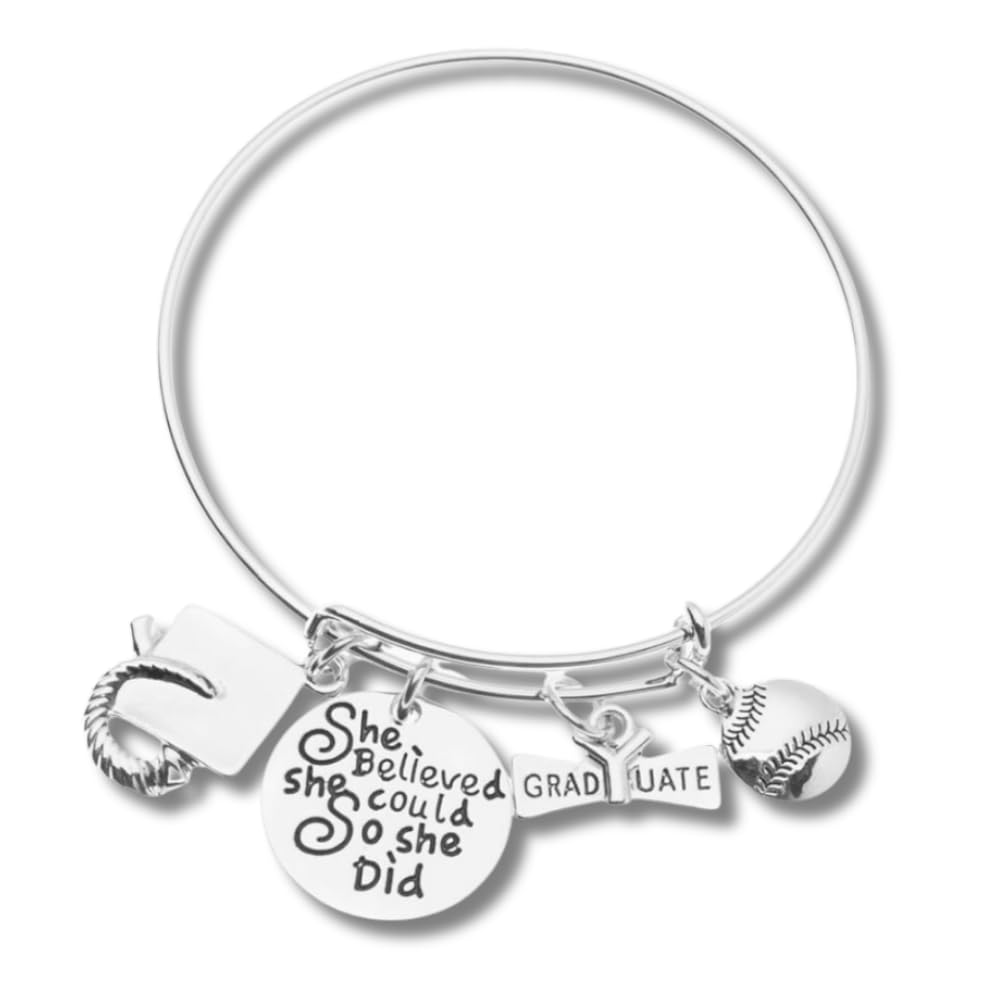 Sportybella Adjustable Silver Softball Charm Bracelet - 'She Believed She Could So She Did' Graduation Jewelry Gift for Softball Players & Graduates | Perfect for Graduation Ceremonies, Team Celebrations & Inspirational Gifts