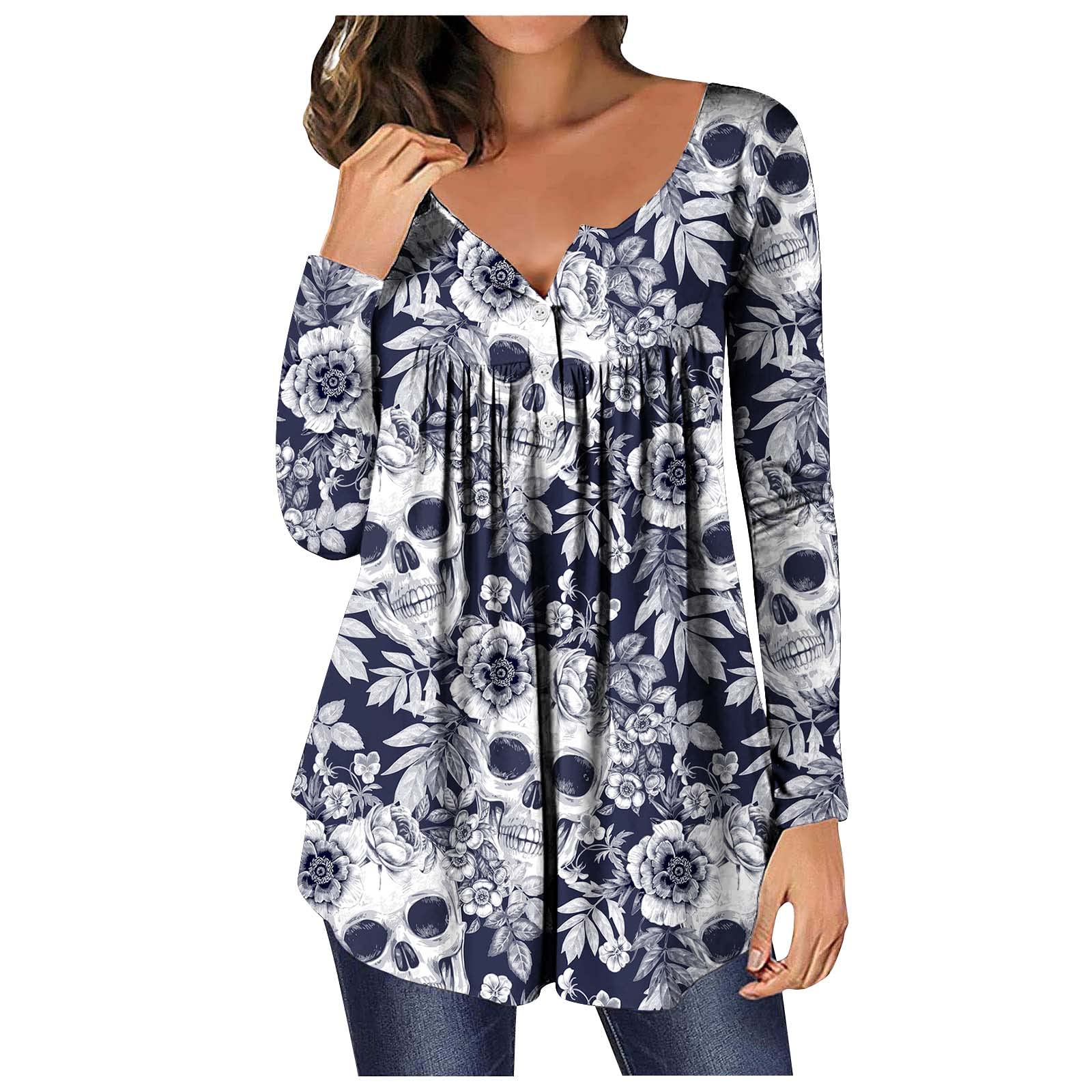YZHM Women's Henley V-Neck Button-Up Tunic Tops - Flowy Long Sleeve Graphic Tees for Leggings - Casual Loungewear & Layering Shirts for Everyday Wear
