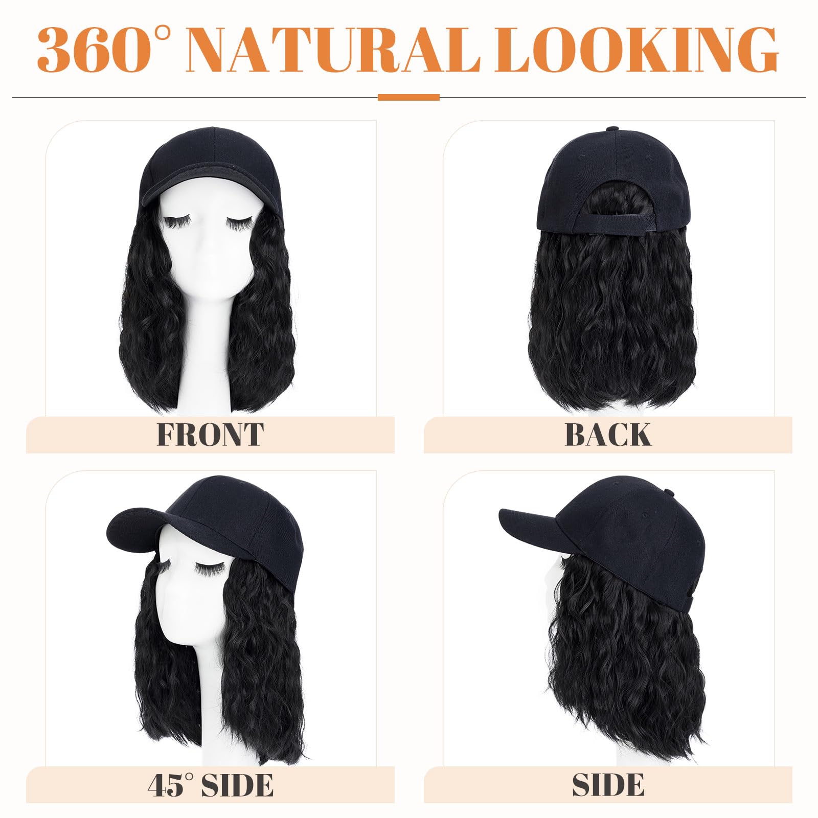 Adjustable Baseball Cap Wig for Women - Synthetic Short Wave Hair Hat (8 Inch, Natural Black) - Perfect for Daily Wear, Cosplay, and Hair Loss Solutions