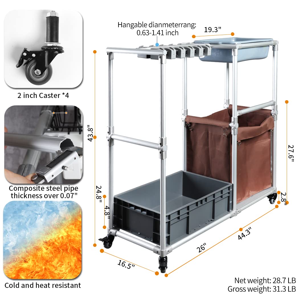 Rolling Cleaning Cart with Wheels - Janitorial & Housekeeping Supplies Organizer for Brooms & Mops