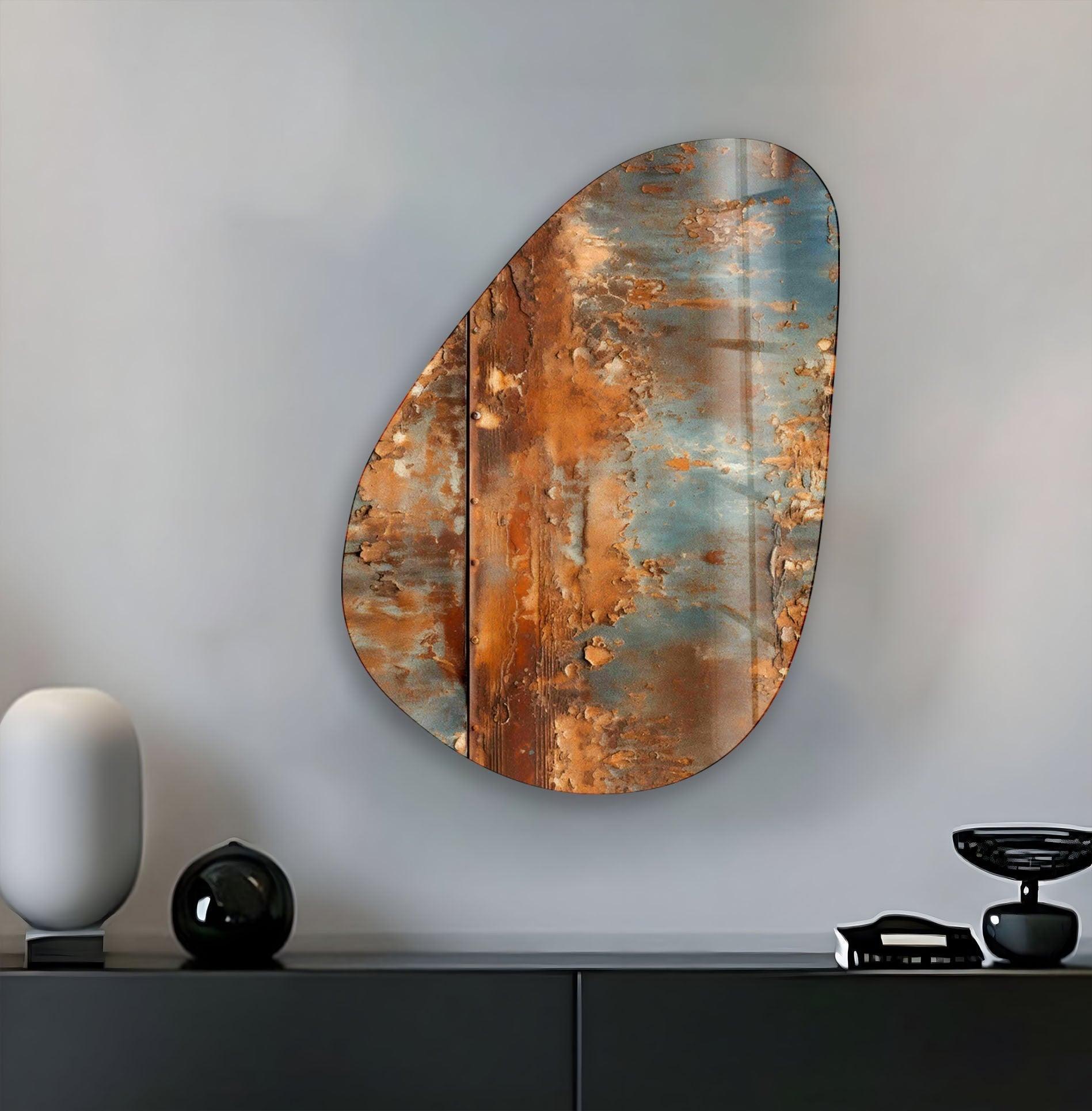 Modern Asymmetrical Oval Abstract Rusty Glass Wall Art Decor - Handmade Rustic Home & Office Decoration for Living Room, Bedroom, or Dining Area