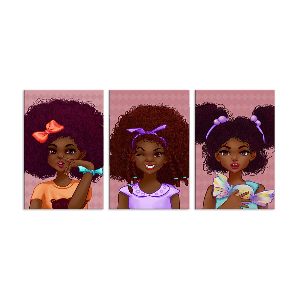 African American Girl Wall Art - 3 Panels Black Curly Hair Painting Print, Framed Ready to Hang Wall Decor for Bedroom, Living Room & Office - Perfect Hippie Style Gift for Women & Girls