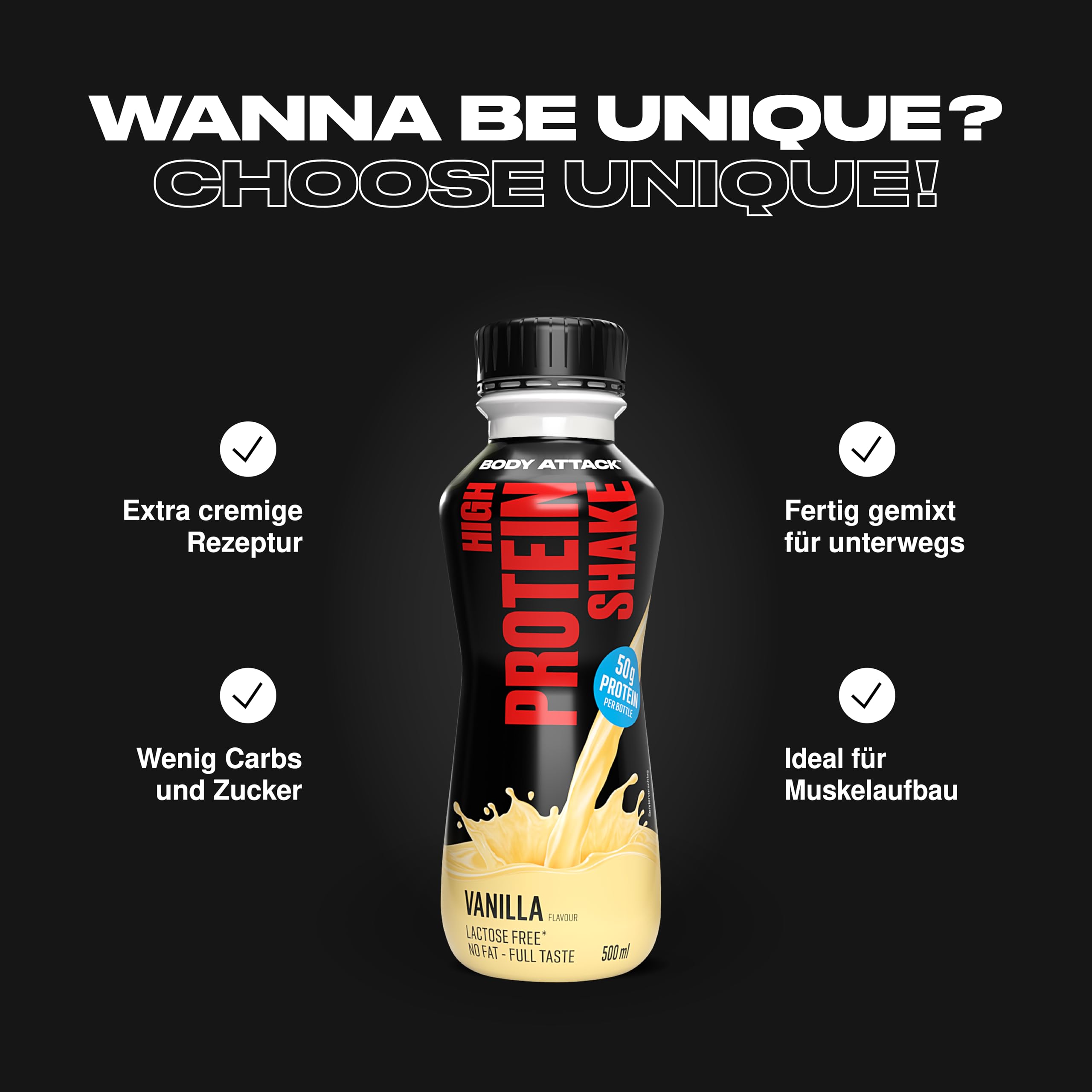 Body Attack Fitness Protein Shake - Ready-to-Drink Milk Protein Shake Bottle 500ml, Strawberry Flavor (12-Pack) | Post-Workout Recovery & Muscle Building Nutrition
