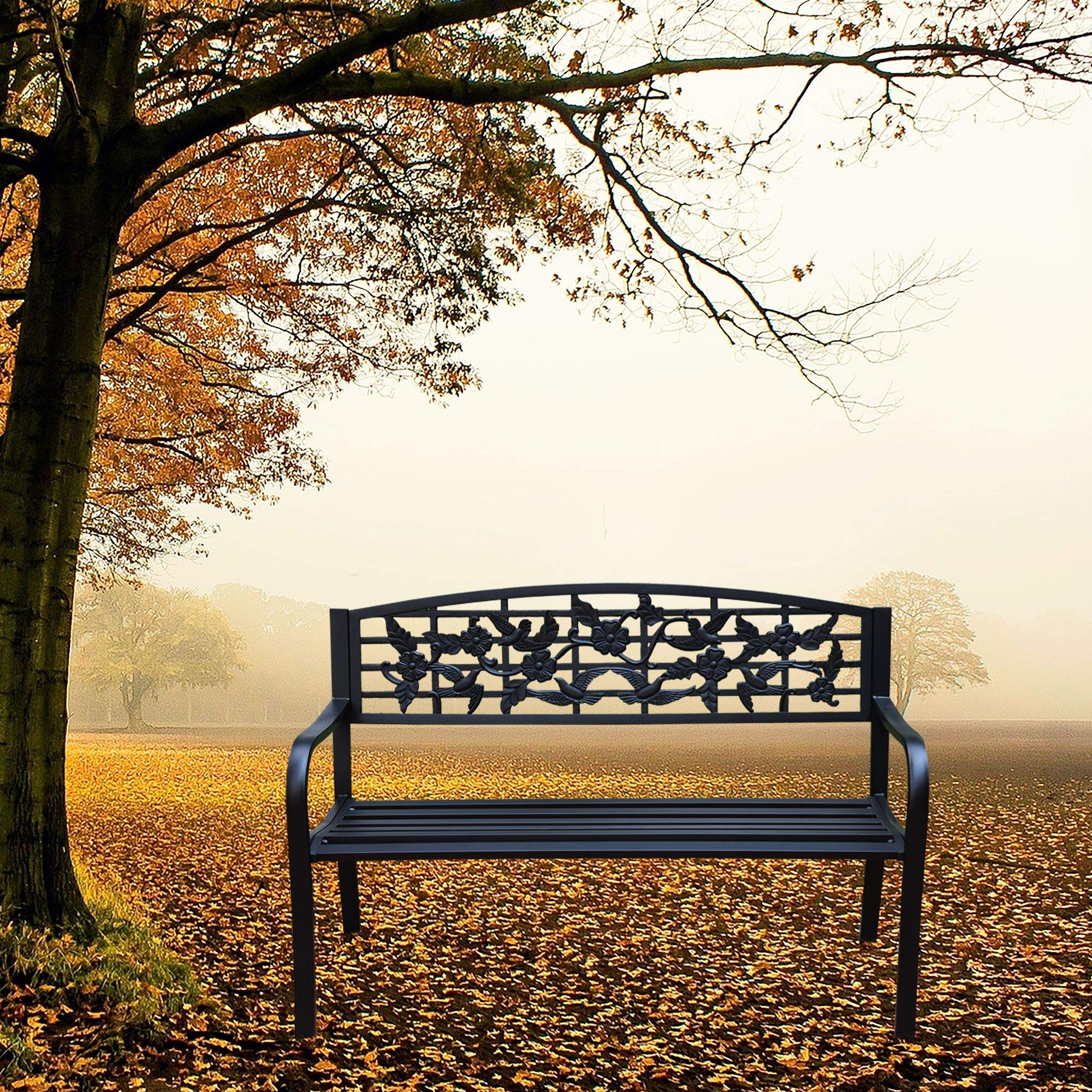 4.1 Ft Steel Frame Garden Bench - Outdoor Patio Chair for Yard, Park & Patio - 2-Person Loveseat with Bird Design Backrest & Slatted Seat - Perfect for Backyard Relaxation, Garden Decor & Outdoor Seating