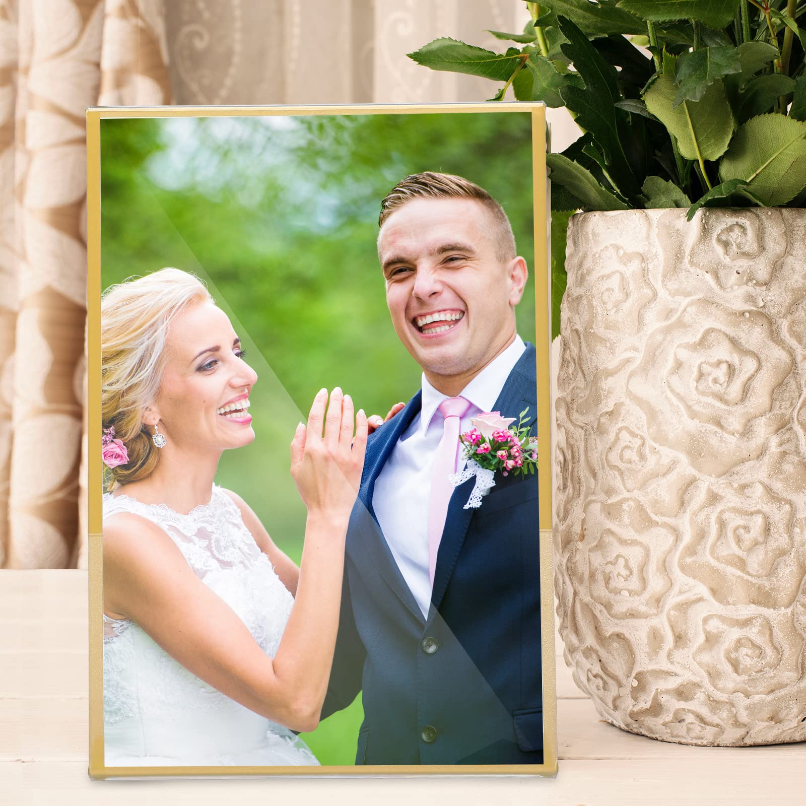 24 Pack Gold Border Acrylic Sign Holders - 5x7 Inch Clear Plastic Picture Frames with Vertical & Slant Back for Tabletop Display - Perfect for Wedding Menus, Office Signs, Restaurant Displays & Retail Merchandising