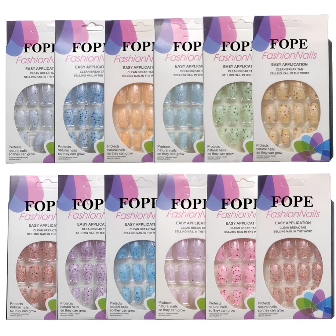 144Pcs FOPE Artificial Nails Extension Kit for Women - 12 Colors with Nail Glue & Stickers | Acrylic Press on Nails for Salon, Party, Wedding & Daily Wear
