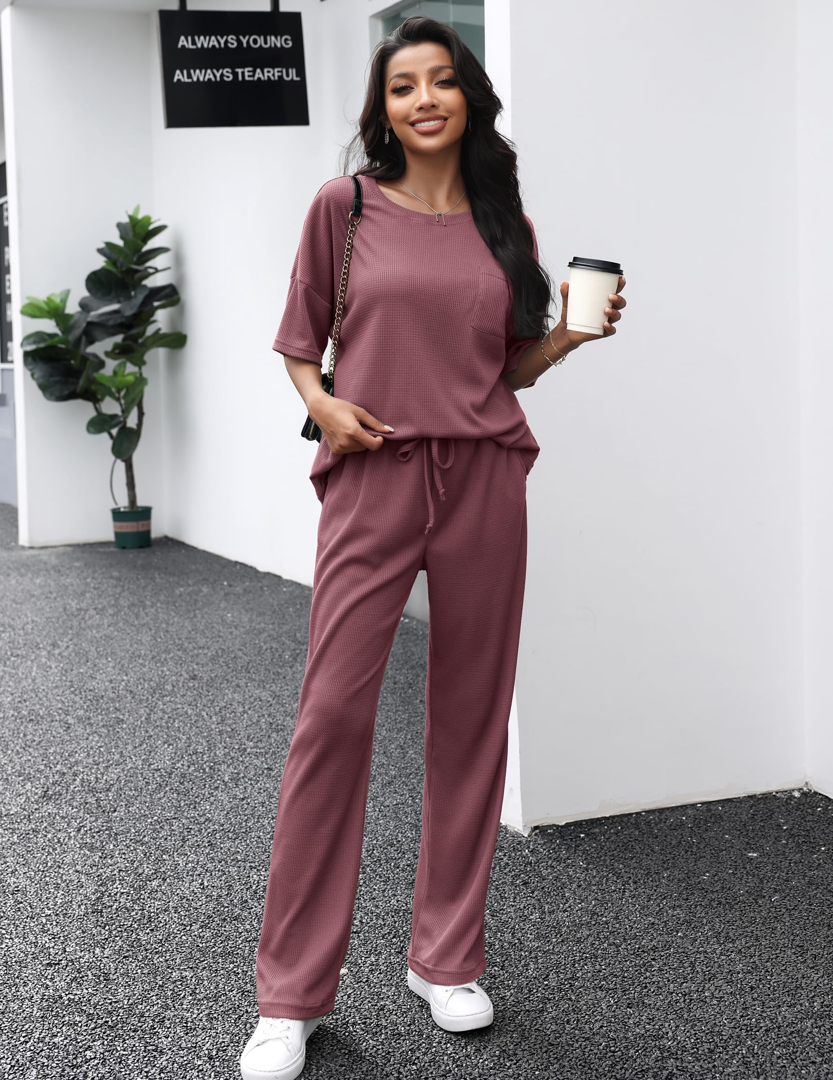 JiniGolla Women's Waffle Knit Pajama Set - Soft Short Sleeve Top & Long Pants Sleepwear for Lounge & Nighttime Comfort | Cozy Homewear, Perfect for Relaxing, Sleeping & Lounging