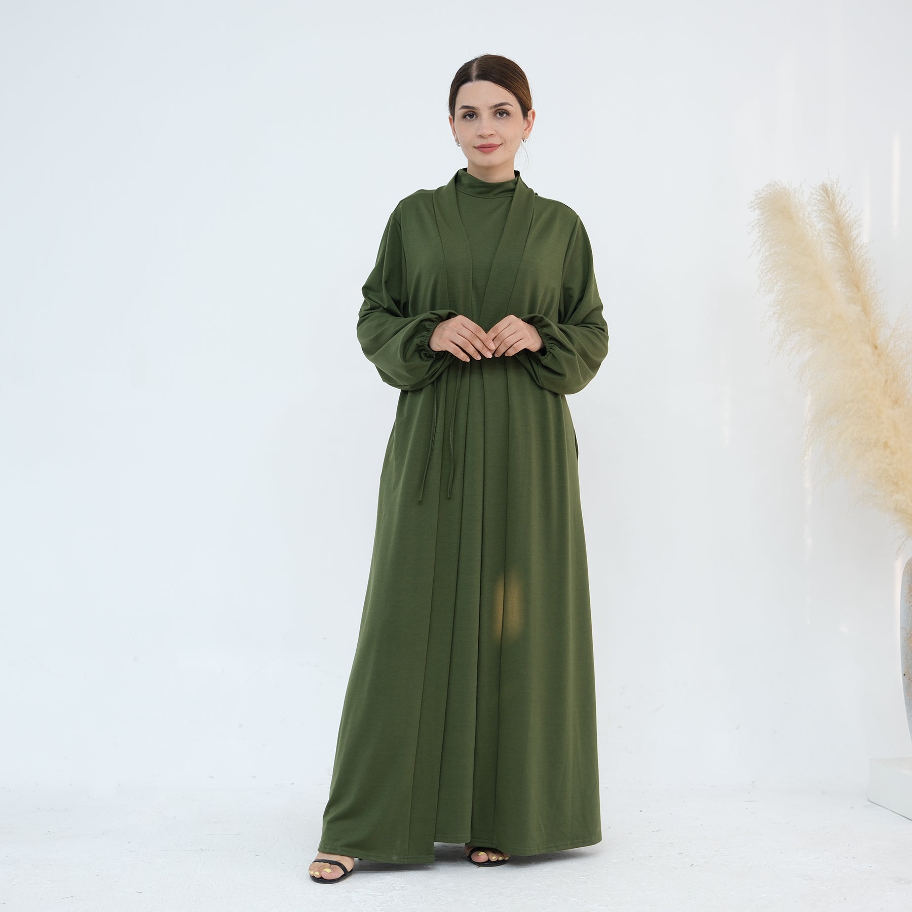 Jojo 3-Piece Modal Abaya Set - Soft Olive Green Muslim Prayer Dress for Women | Comfortable & Breathable Islamic Clothing for Prayer, Mosque & Special Occasions