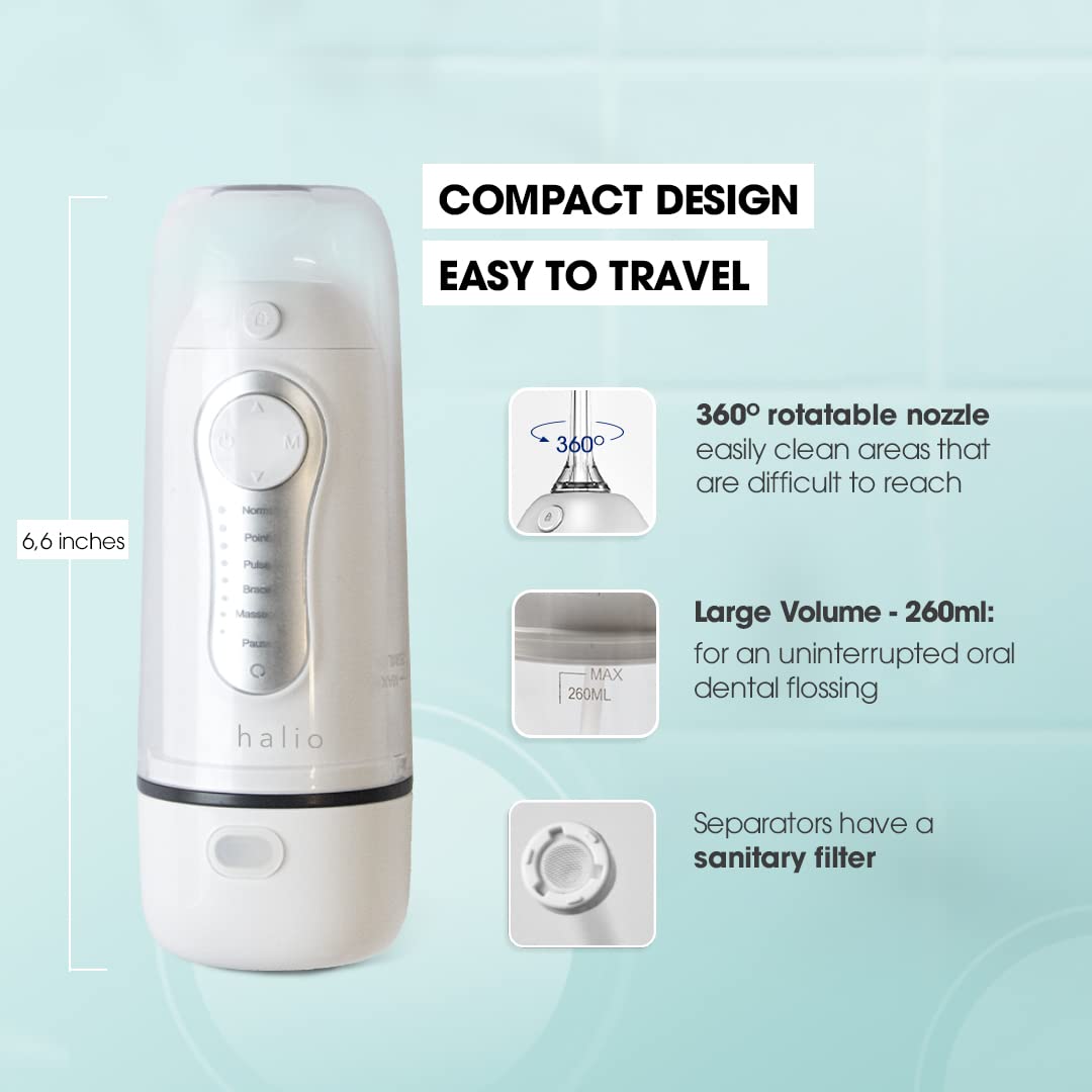 Halio 260ML Professional Cordless Water Dental Flosser - Electric Rechargeable Oral Irrigator with 5 Jet Tips & 6 Cleaning Modes, IPX7 Waterproof for Teeth Cleaning at Home, Travel or Office Use