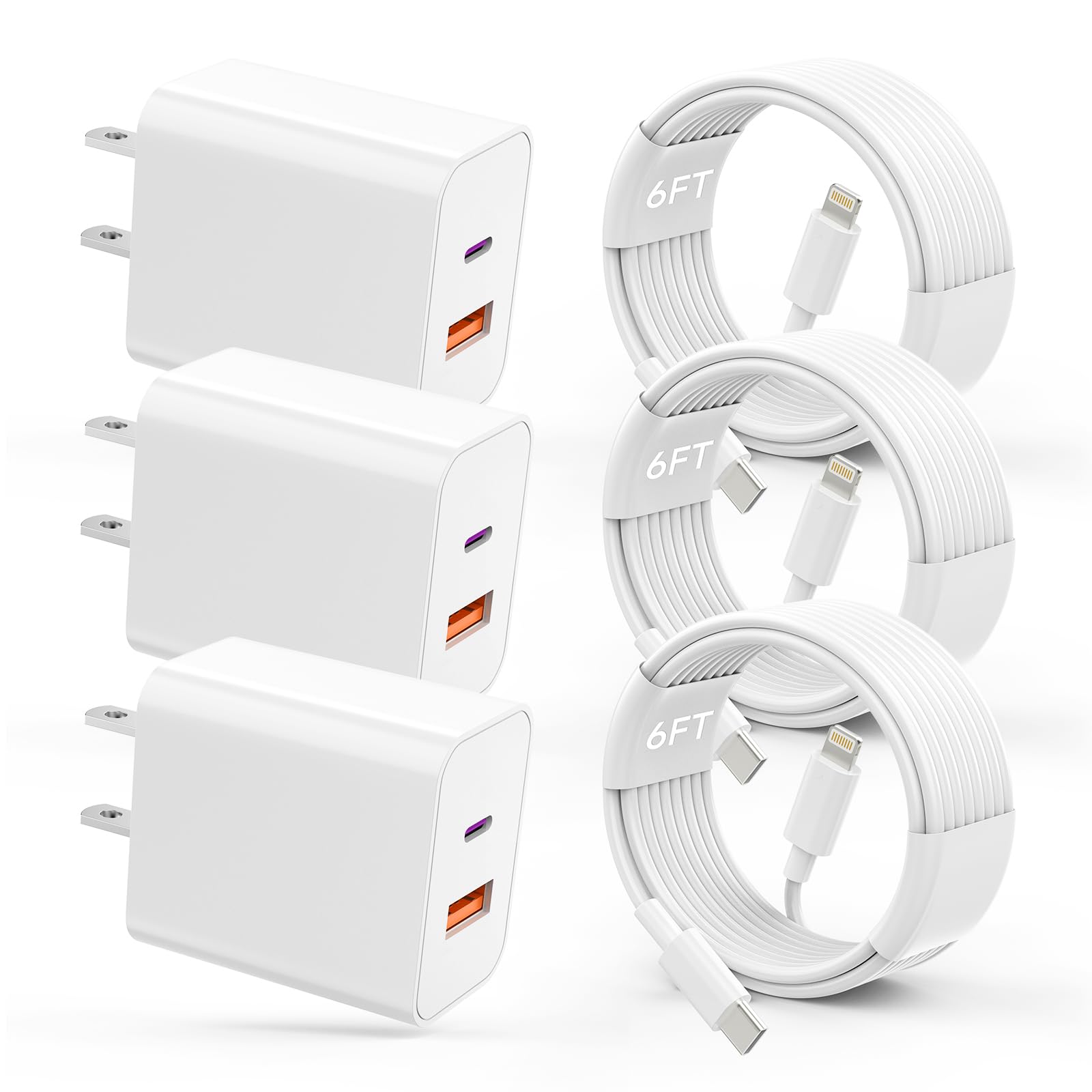 20W USB C Fast Charger 3-Pack with 6FT USB C to Lightning Cable - PD & QC3.0 Dual Port Wall Charger Block for iPhone 14 Pro Max/13/12/11/XS/XR/X - Perfect for Home, Office & Travel Charging