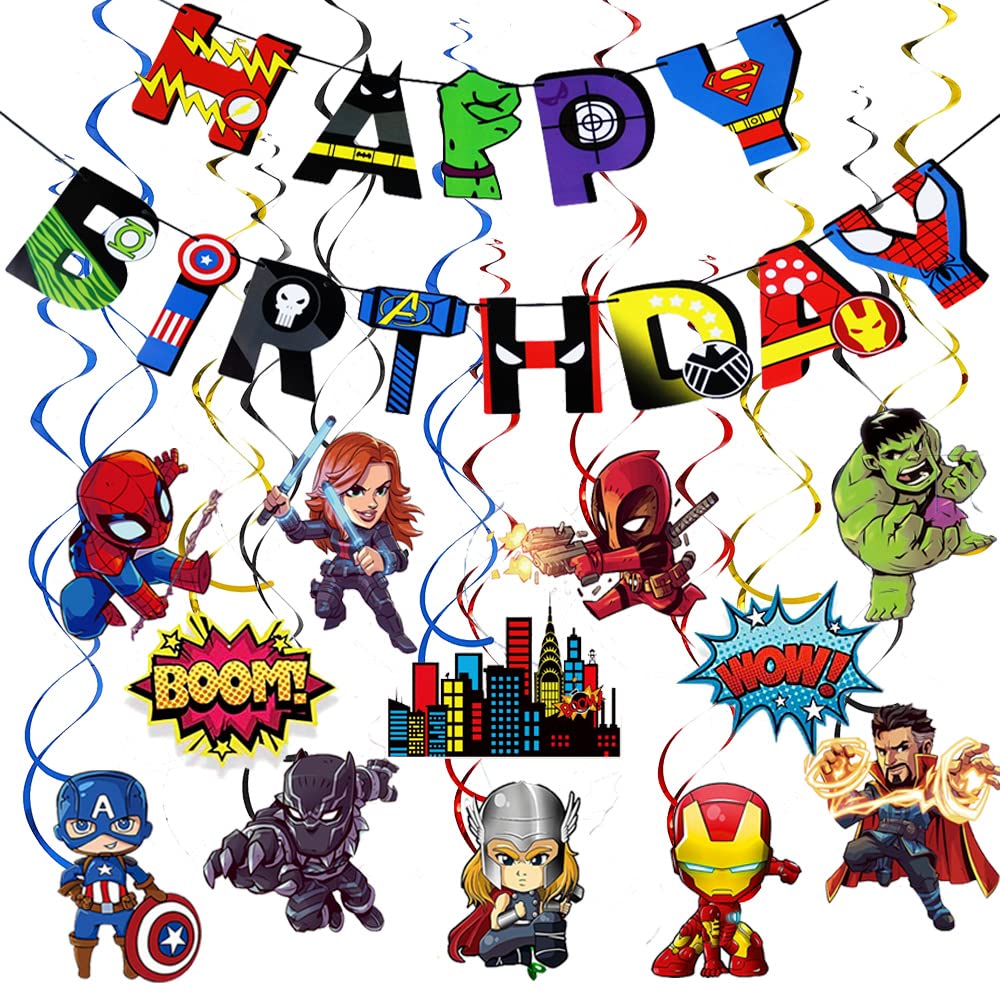 Superhero Party Decorations Set - Superhero Banner, Hanging Swirls & Party Supplies for Kids Birthday (Boys & Girls) - Perfect for Superhero Themed Birthday Parties, Baby Showers & Classroom Decorations