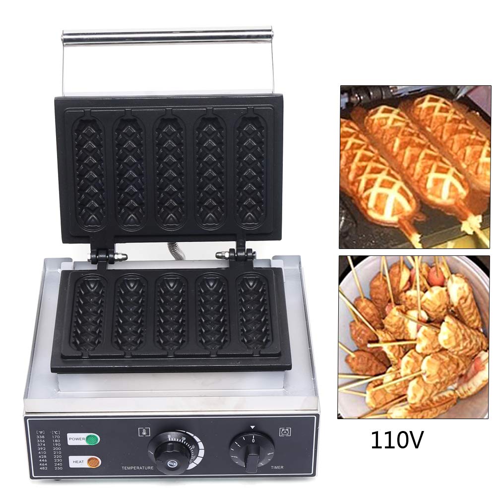 Commercial 1500W Corn Dog Waffle Maker Machine - Non-Stick French Hot Dog on Stick Maker - Quickly Makes 5 Breakfast Sausage Rolls - Perfect for Fairs, Food Trucks & Home Breakfasts