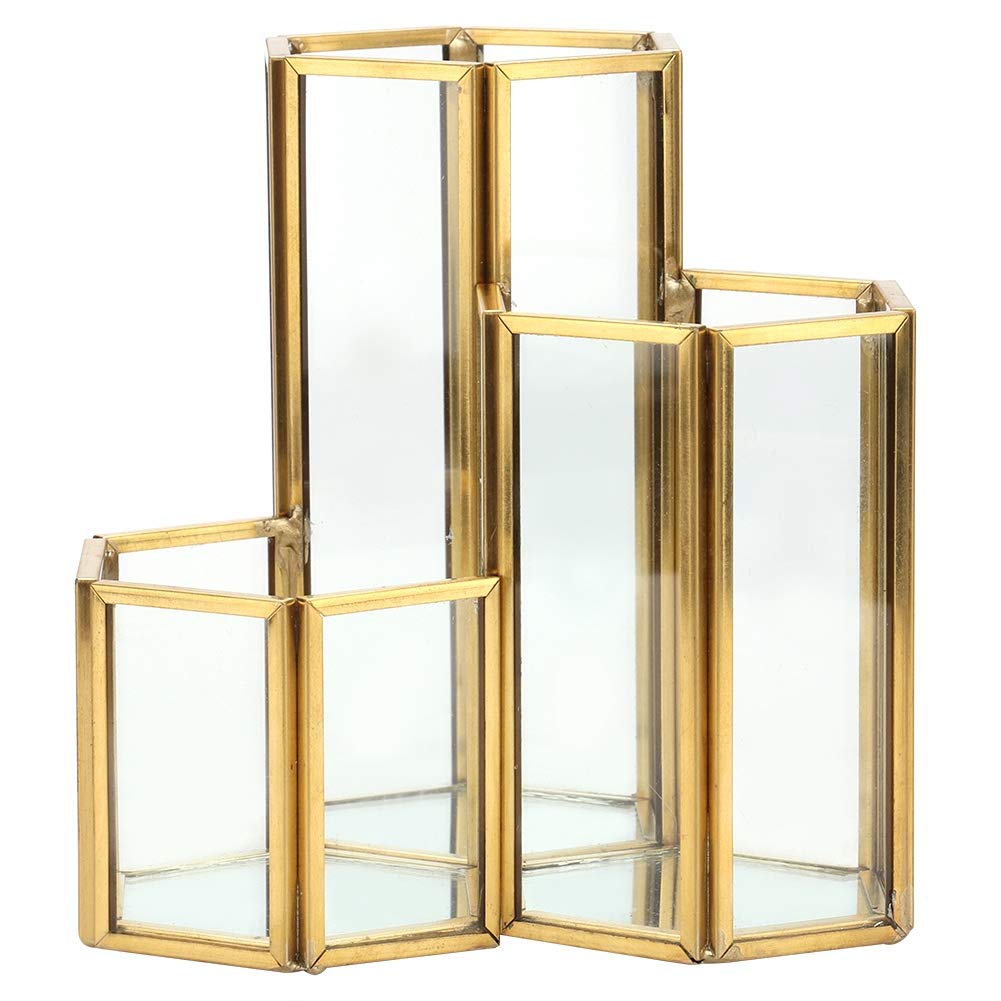 4.72in Clear Glass Pen Holder with 3 Compartments - Copper Plated Metal Inlay Pencil Organizer & Makeup Brush Holder - Vanity Desk Organizer for Storing Makeup Brushes, Pens, Mascara, Lipstick (Gold) - Perfect for Office, Home Desk & Beauty Vanity Organization