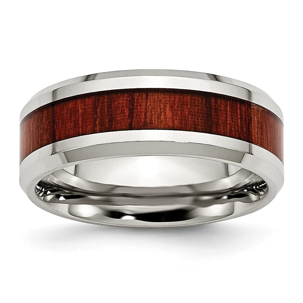 Diamond2Deal 8mm Stainless Steel Ring with Polished Red Wood Inlay & Enamel Coating - Elegant Jewelry for Women, Perfect for Weddings, Anniversaries and Special Occasions