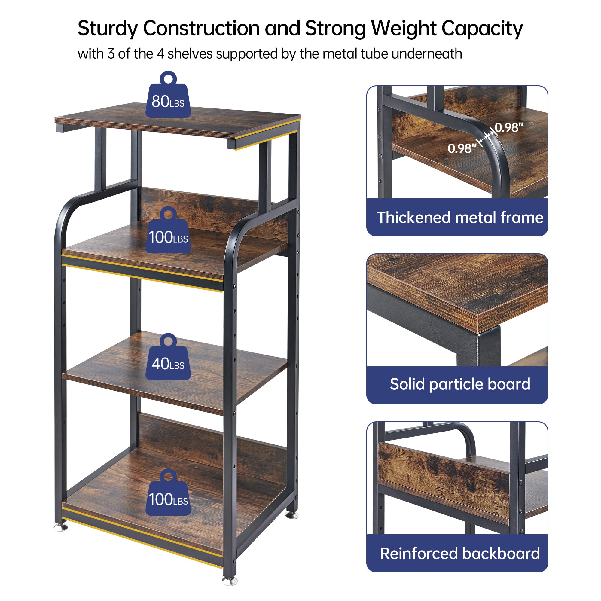4-Tier Adjustable Printer Stand with Wheels - Rustic Brown Home Office Desk Organizer for Printer, Scanner & Supplies - Perfect for Small Spaces & Workspace Organization