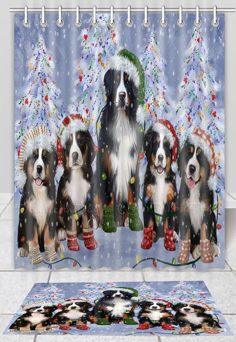 Christmas Lights & Bernese Mountain Dog Shower Curtain Bathroom Set - Anti-Slip Plush Bath Mat & Polyester Shower Curtain with Hooks (20