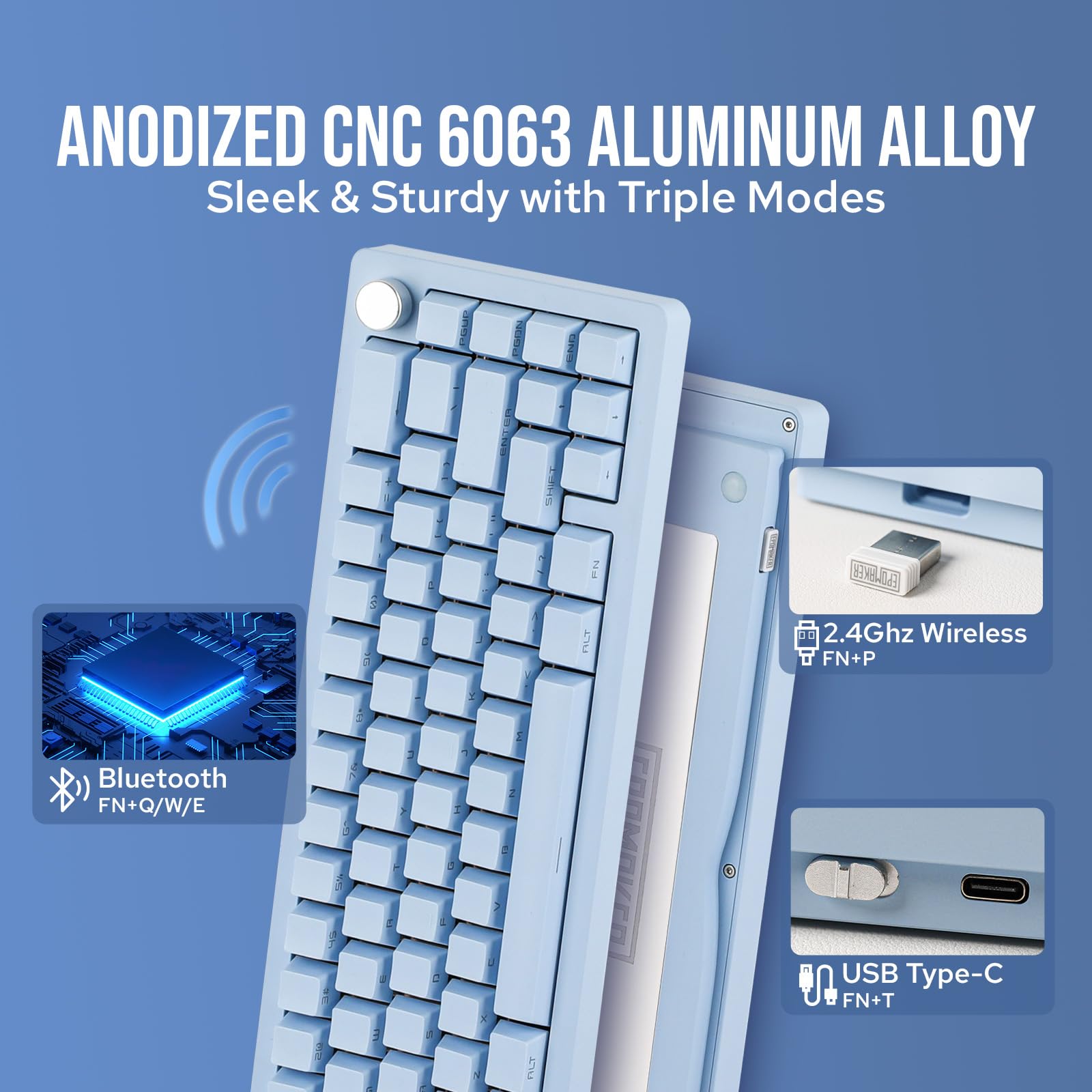 EPOMAKER Tide65 QMK/VIA Wireless Mechanical Gaming Keyboard - 65% Compact Aluminum Body, Programmable Creamy Keys, Bluetooth/2.4Ghz/USB-C Connectivity, FR4 Plate for Windows & Mac (Blue, Lemon Switch) - Perfect for Esports, Office Work & Typing Enthusiasts