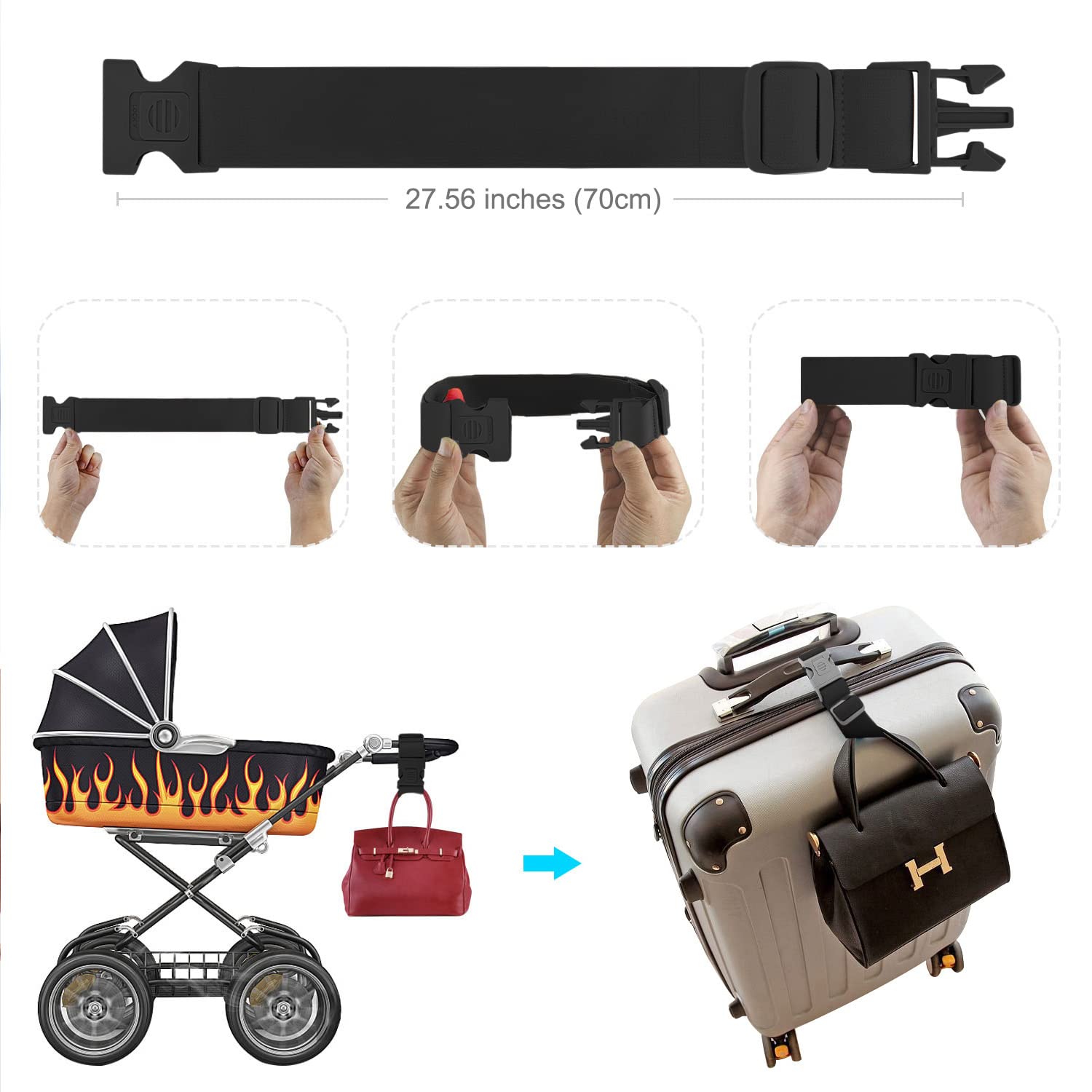 ZINZ 2-Pack Heavy Duty Elastic Luggage Straps with Anti-Pinch Buckles - Adjustable Suitcase Bungee Belts for Travel (1 Short & 1 Long, Black) | Secure & Organize Luggage for Airplane, Train & Road Trips