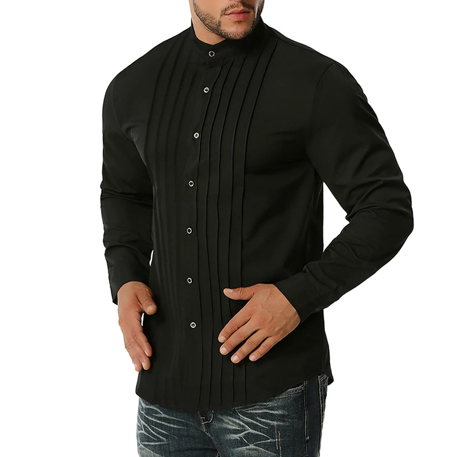 Men's Slim Fit Pleated Shirt - Premium Long Sleeve Stand Collar Cardigan for Business Casual Wear | Non-Shrink Comfortable Tall Tee | Office, Dating & Smart Casual Outfits