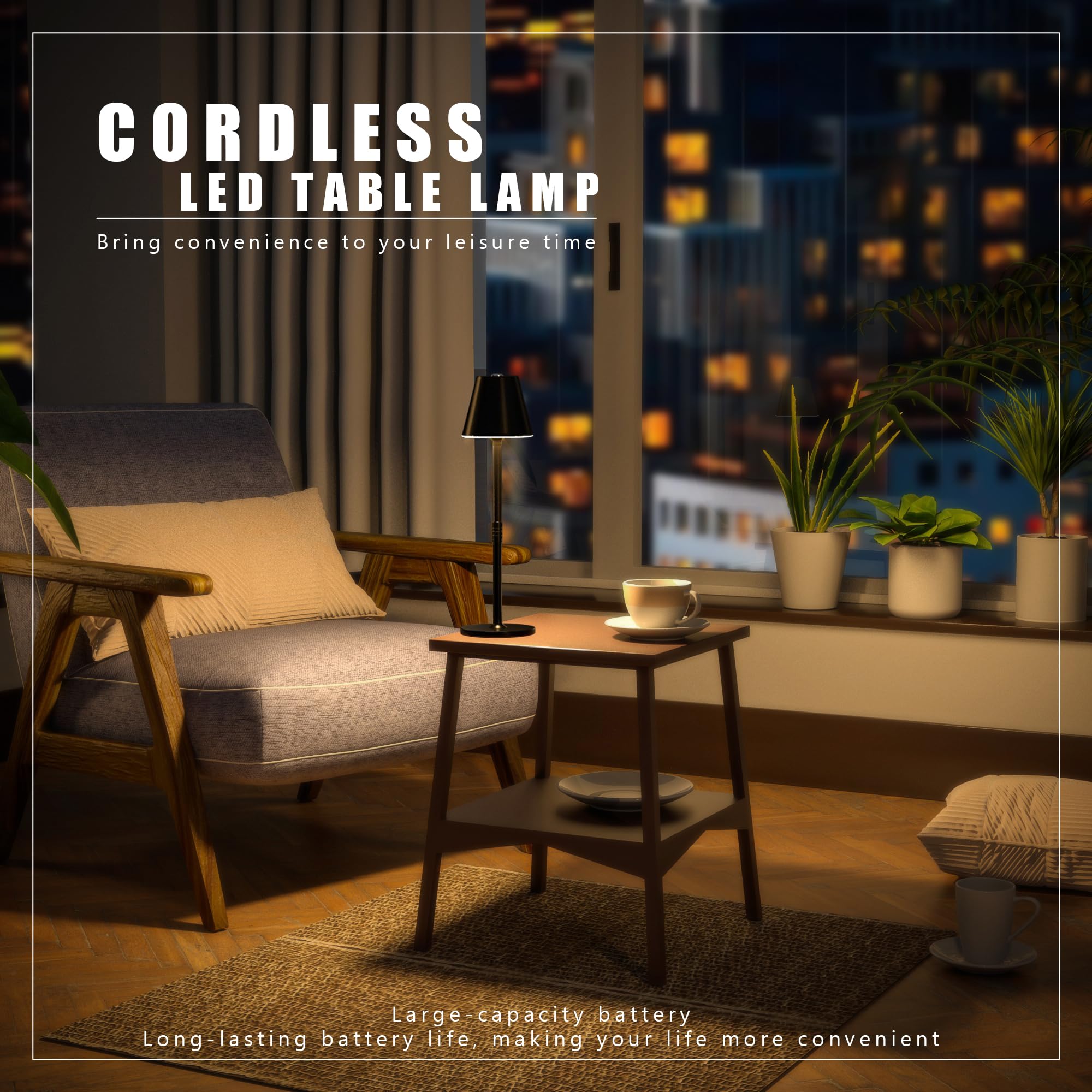 2 Pack LED Cordless Table Lamp - 4000mAh Rechargeable Battery Desk Light with 3 Brightness Levels, Minimalist Night Light for Bedroom, Living Room, Office & Restaurant (Black) - Perfect for Romantic Dinners, Reading & Ambient Lighting