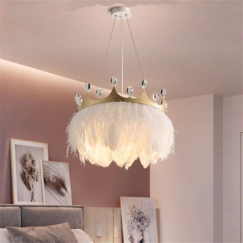 Crystal Pendant Light with White Feather Crown - Elegant Chandelier for Dining Room, Bedroom & Living Room Decor | Ethereal Lighting Fixture for Home & Wedding