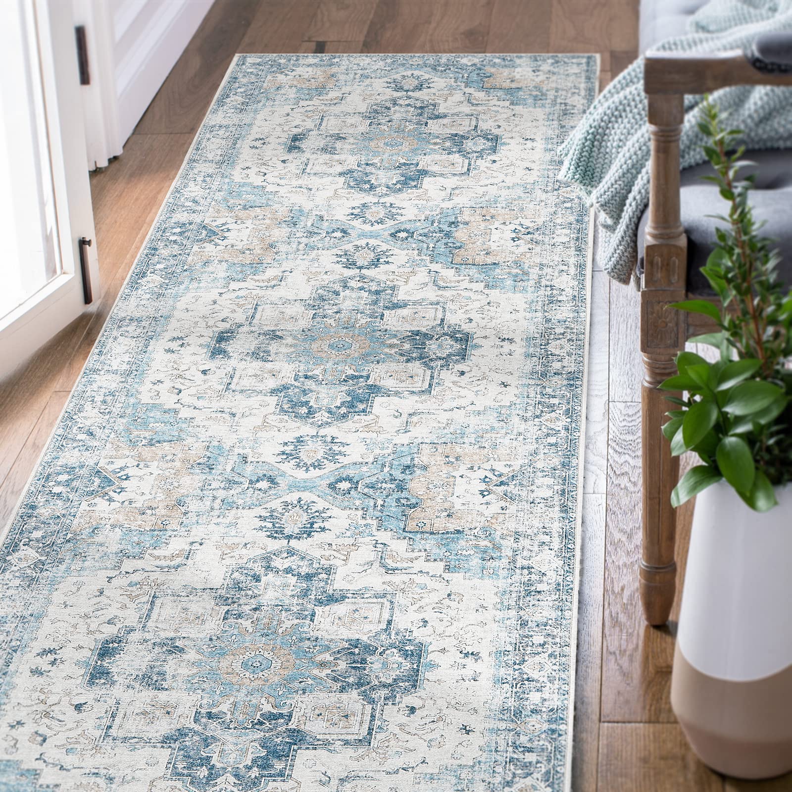 Vintage Blue Print 2x7 Runner Rug - Non Slip Thin Foldable Area Rug for Hallway, Bathroom, Kitchen, Living Room & Bedroom | Distressed Retro Carpet for Indoor Home Decor & Accent