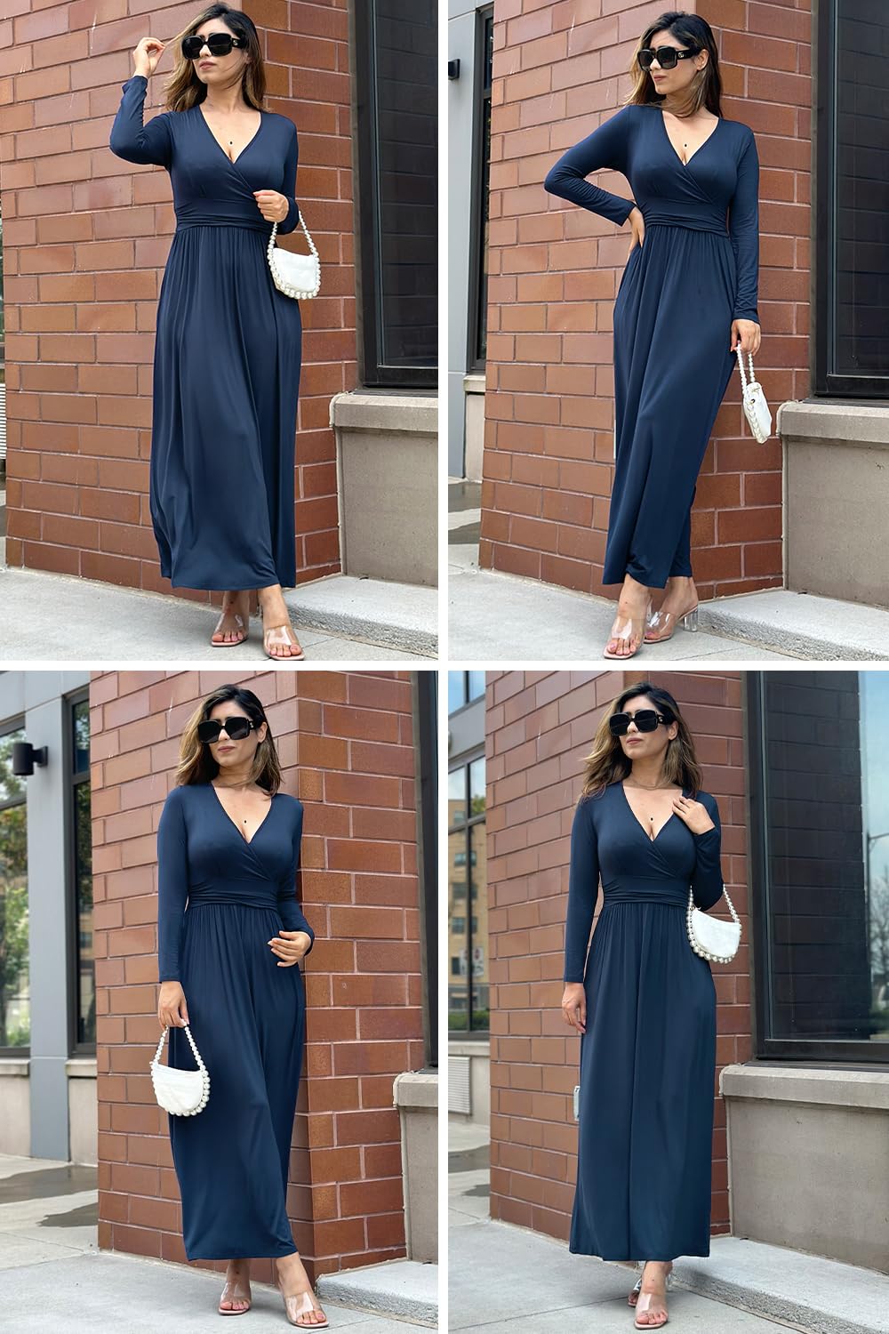 OUGES Women's V-Neck Wrap Waist Maxi Dress - Long & Short Sleeve Options - Perfect for Summer Beach, Wedding Guest & Casual Outings