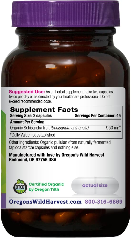 Oregon's Wild Harvest Organic Schisandra Berry Supplement - 90 Capsules for Energy, Stress Relief & Liver Support - Perfect for Daily Wellness & Detox