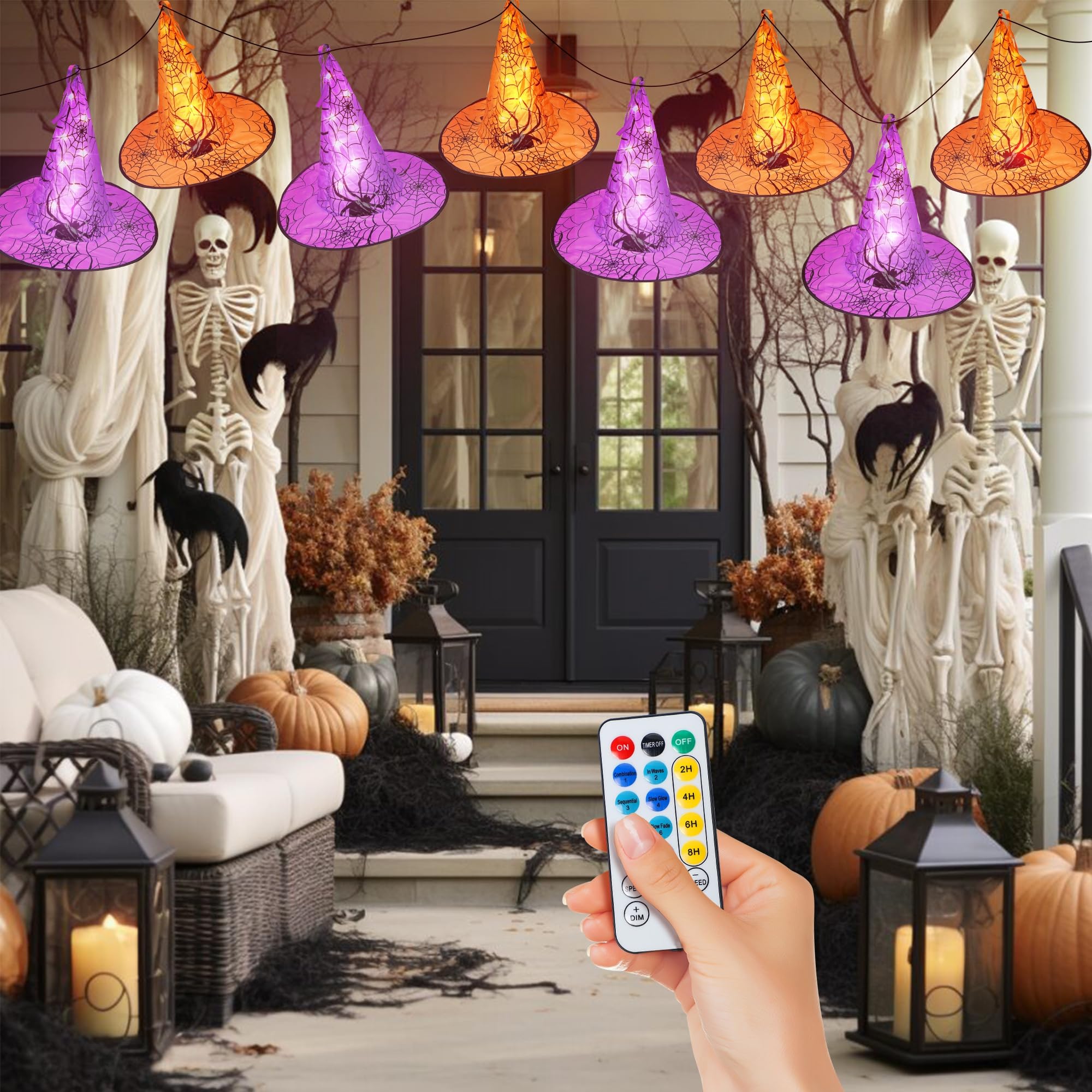 8 Pcs Halloween Witch Hat Decorations - Hanging Lighted Glowing Witch Hats with 8 Lighting Modes | Indoor Outdoor Yard & Tree Decor for Halloween Party, Home, Garden, and Porch