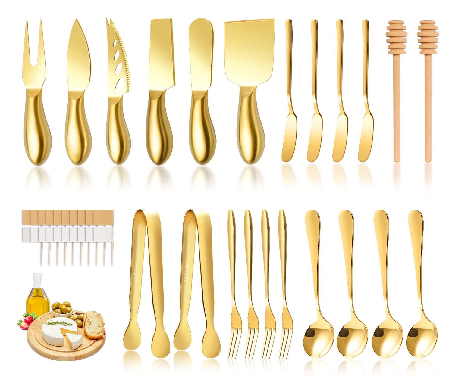 Premium Gold Cheese Knife Set - Stainless Steel Cheese Slicer & Butter Spreader with Serving Tongs, Spoons, Forks, Flags & Honey Dipper - Perfect for Charcuterie Boards, Cheese Platters & Gourmet Entertaining
