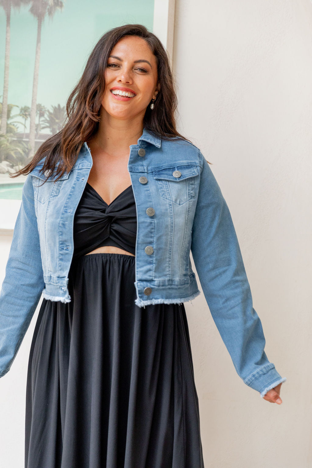 Kenzie Crop Denim Jacket for Women - Stylish Distressed Light Blue Denim Jacket - Perfect for Spring Outfits & Casual Streetwear