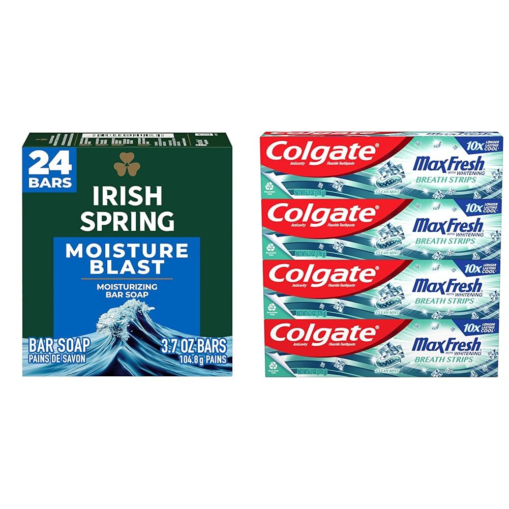 Irish Spring Moisture Blast Bar Soap for Men (3.7 Oz, 24 Pack) & Colgate Max Fresh Whitening Toothpaste with Mini Breath Strips - Clean Mint Flavor for Fresh Breath - Perfect for Travel, Gym & Daily Hygiene Routine