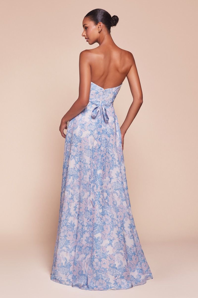 CASSIE GOWN - Blue Strapless A-Line Floral Chiffon Dress for Evening Party, Wedding Guest, Prom & Special Occasions