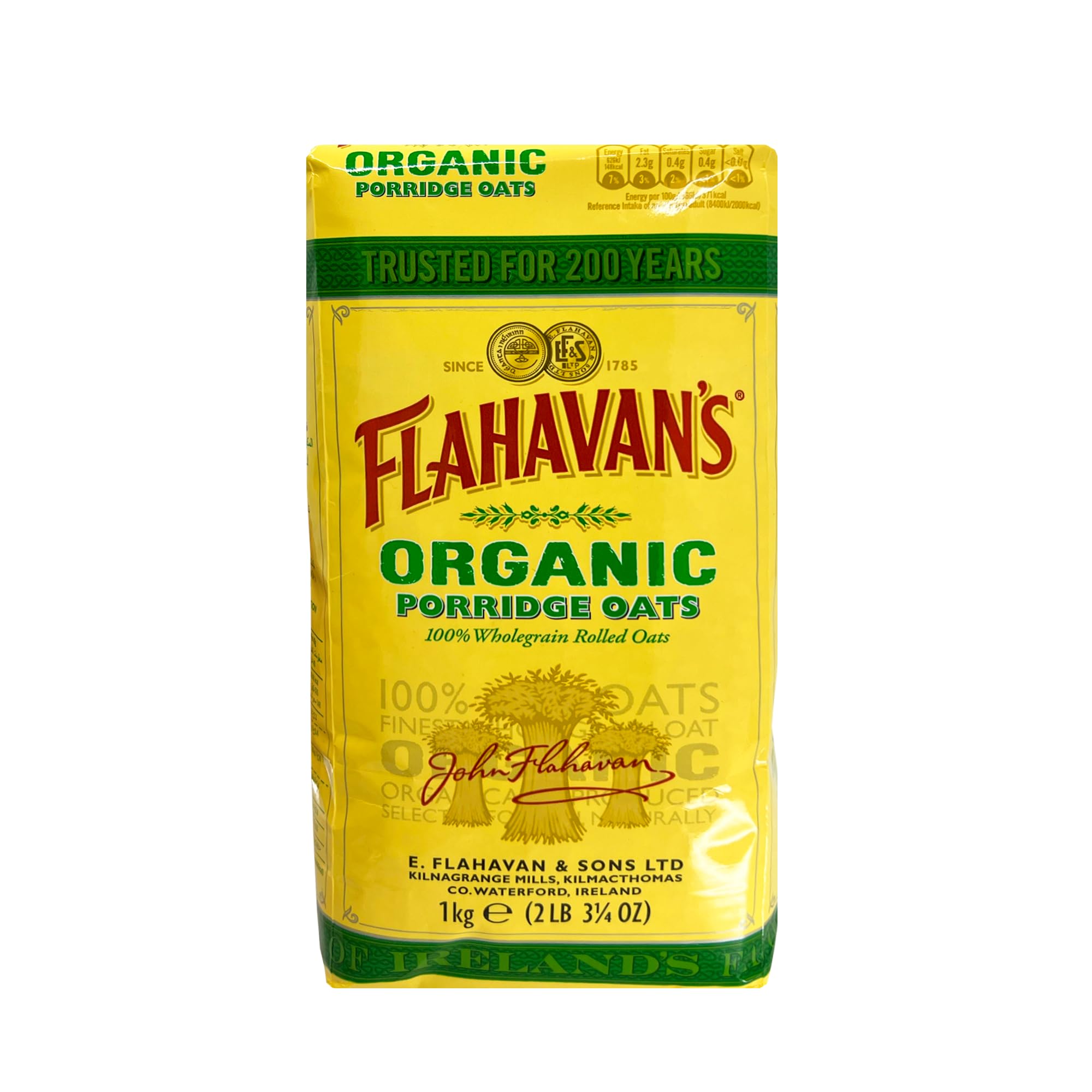 Organic Rolled Oats by Flahavan's | 100% Whole Grain Irish Oatmeal | Non-GMO, Gluten-Free Breakfast Cereal | 2.2 lb (1kg) Resealable Bag | Perfect for Overnight Oats, Baking & Healthy Porridge